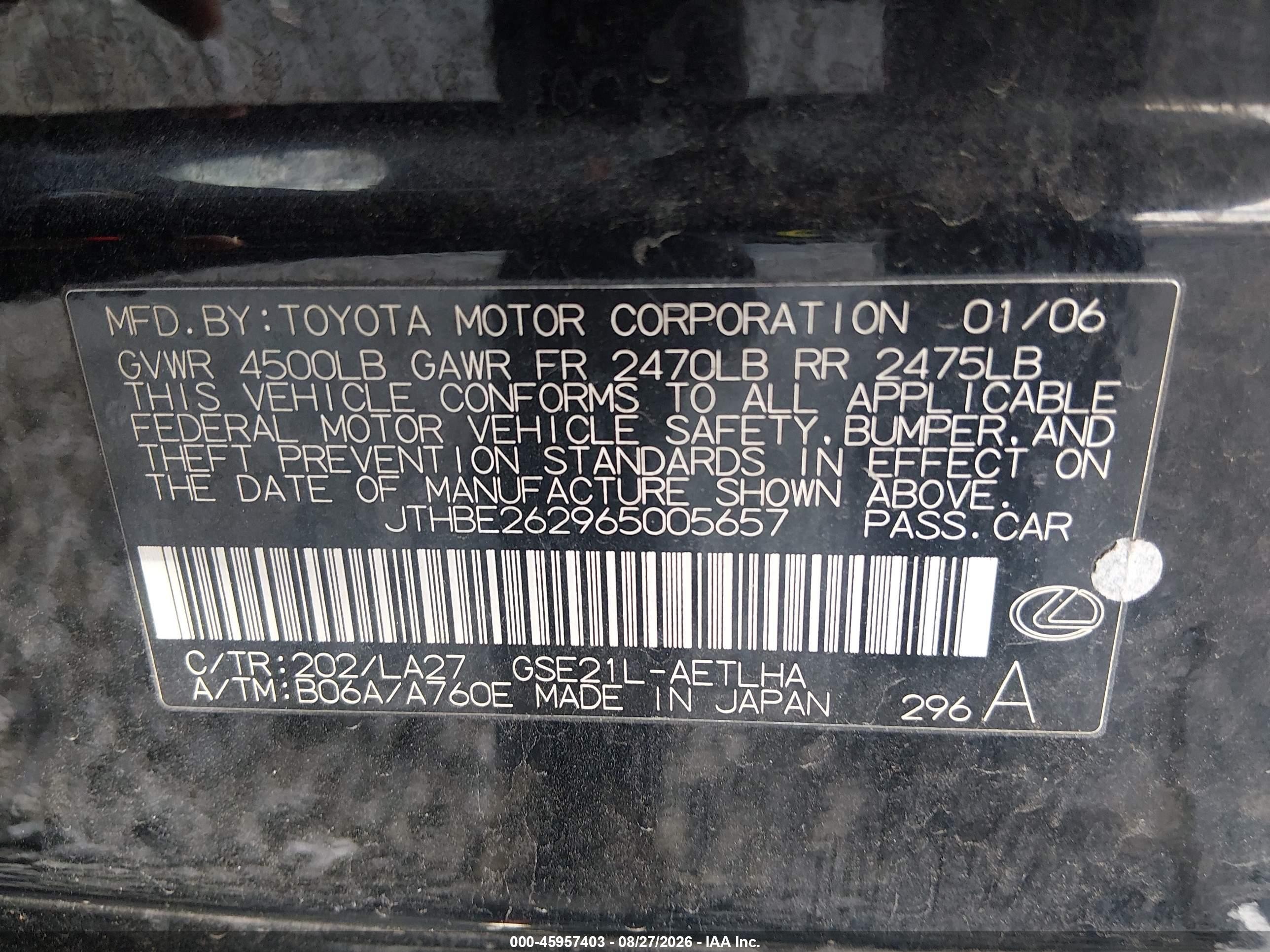 2006 Lexus Is 350   Black vin: JTHBE262965005657