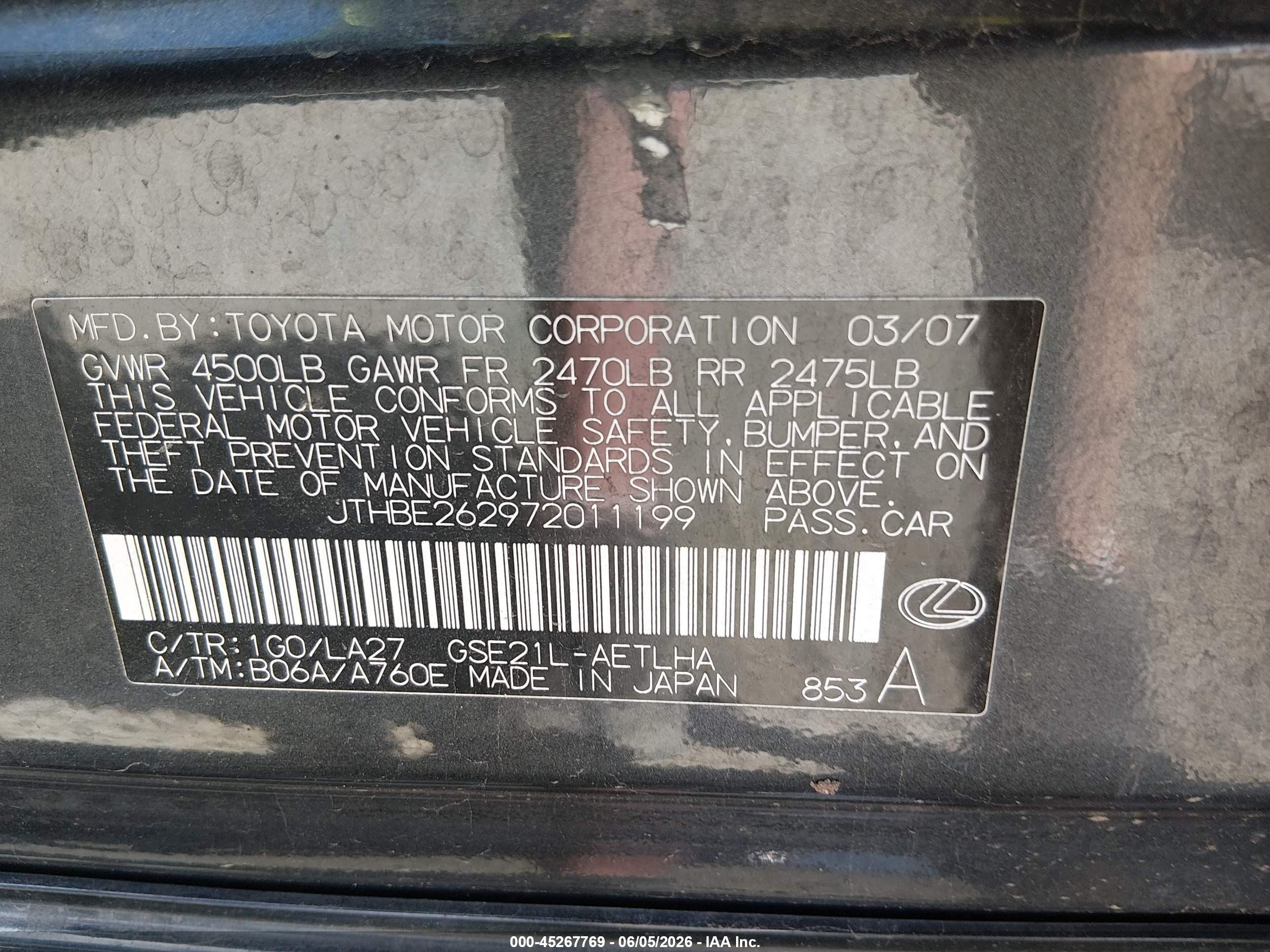 2007 Lexus Is 350   Gray vin: JTHBE262972011199