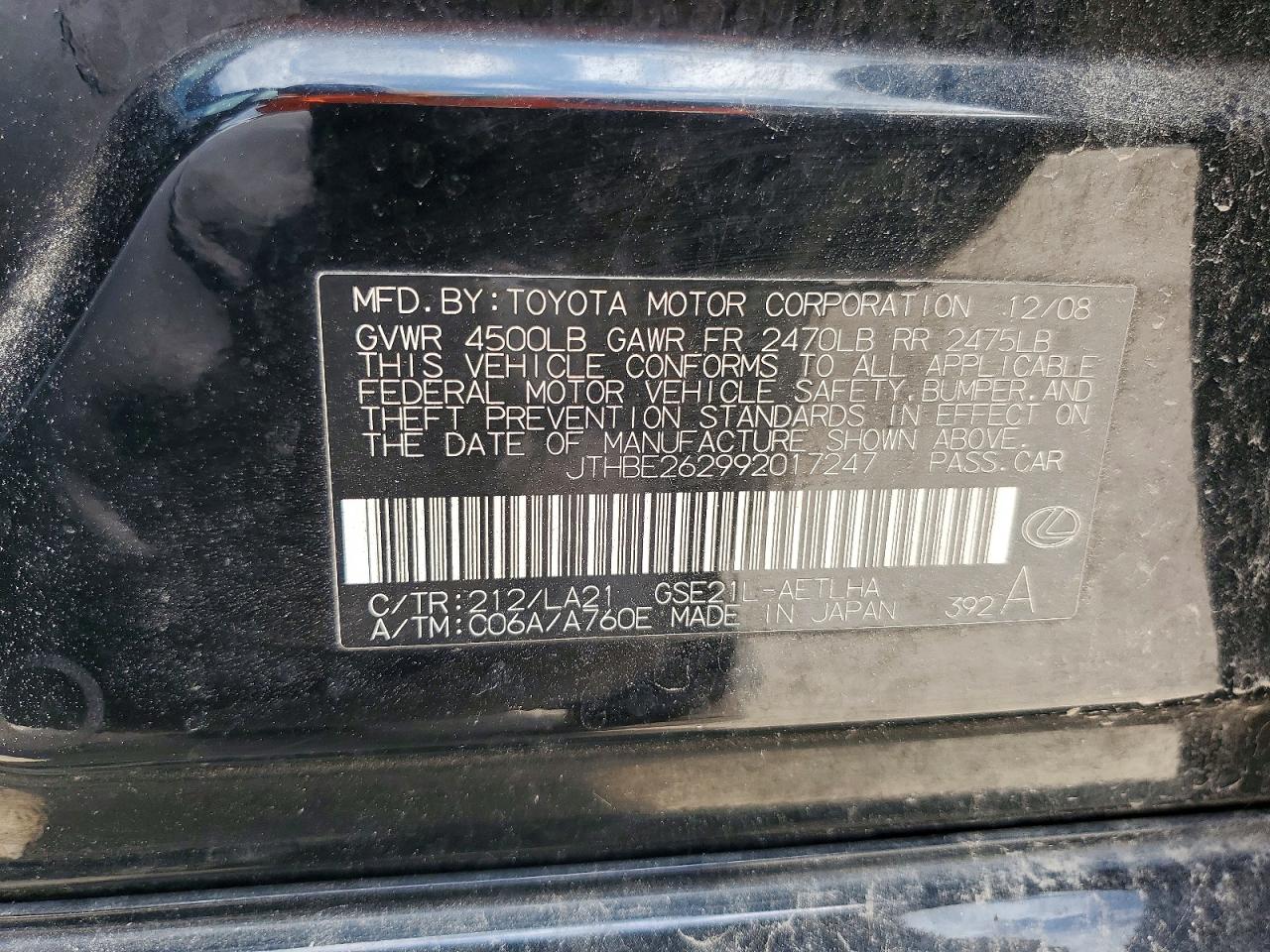 2009 Lexus Is 350 Black vin: JTHBE262992017247