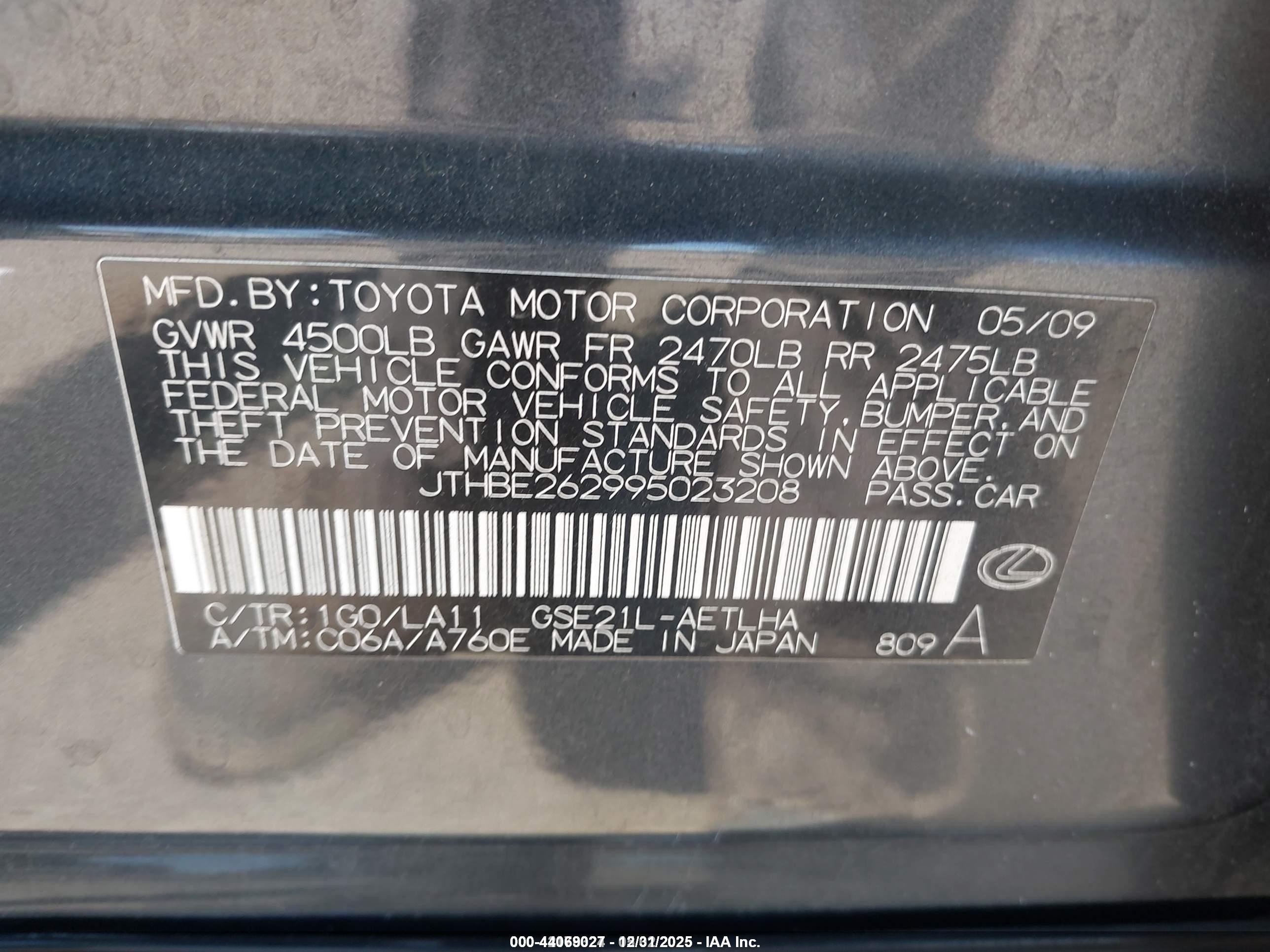 2009 Lexus Is 350   Gray vin: JTHBE262995023208