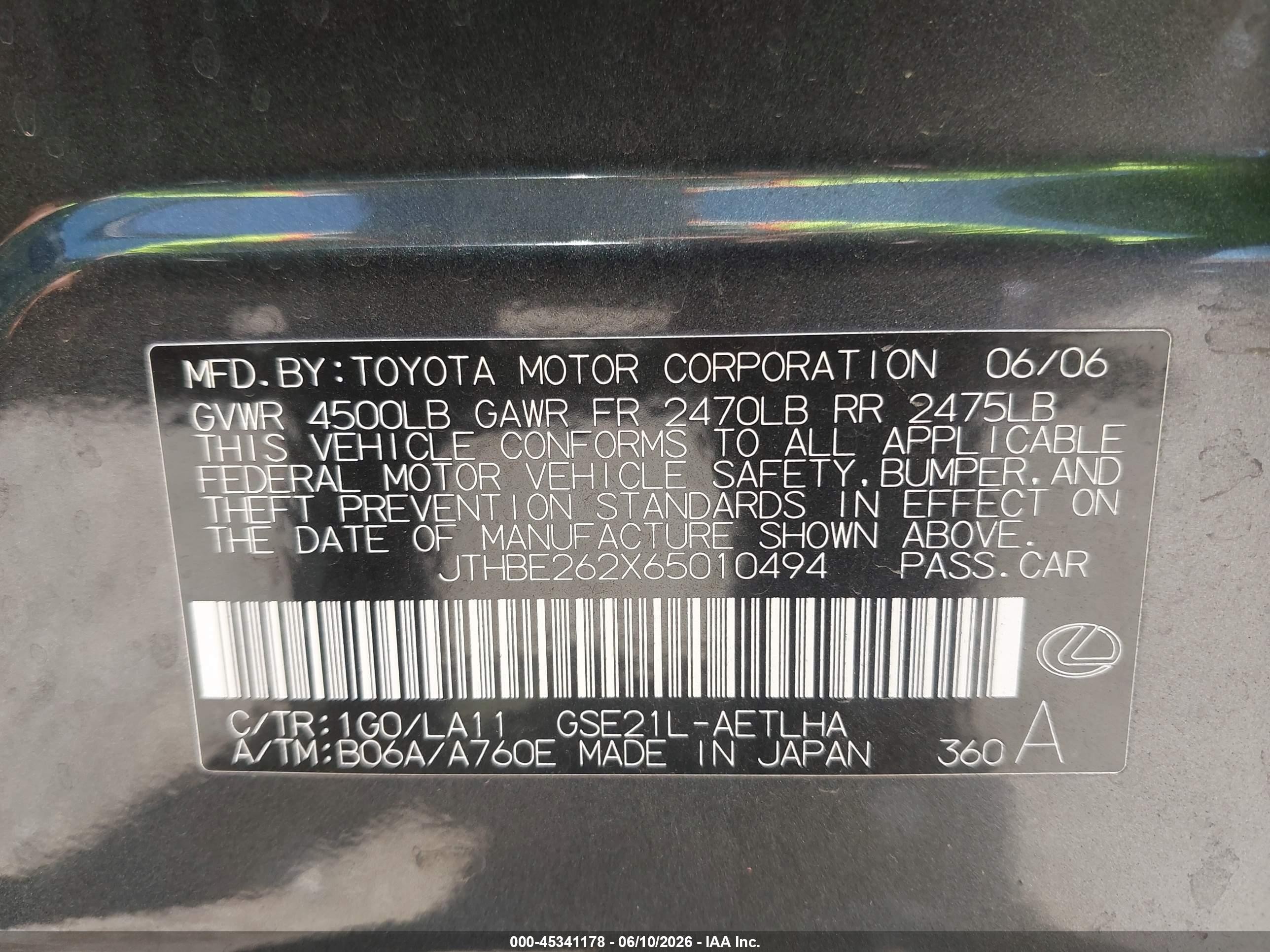 2006 Lexus Is 350   Gray vin: JTHBE262X65010494