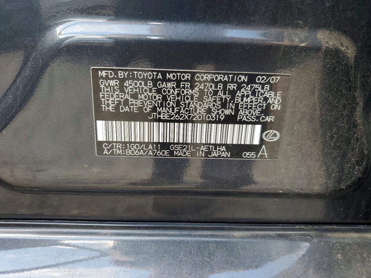 2007 Lexus Is 350 Charcoal vin: JTHBE262X72010319