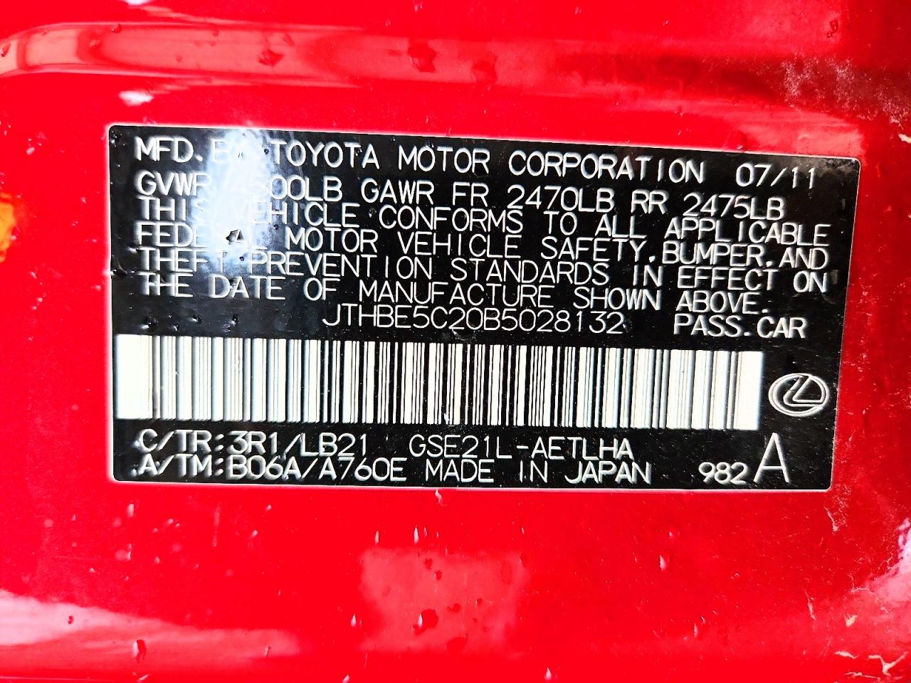 2011 Lexus Is 350 Red vin: JTHBE5C20B5028132