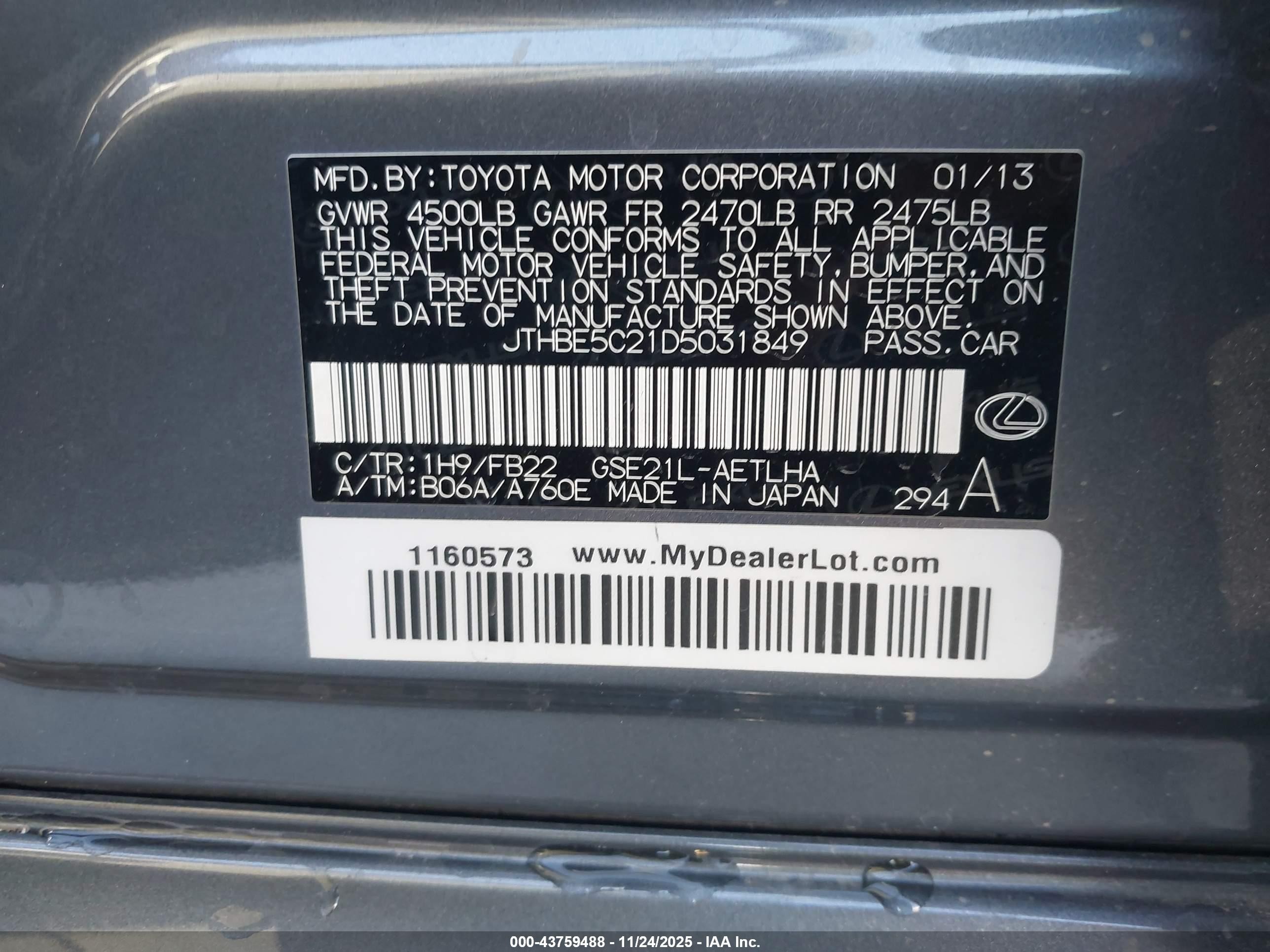 2013 Lexus Is 350   Gray vin: JTHBE5C21D5031849