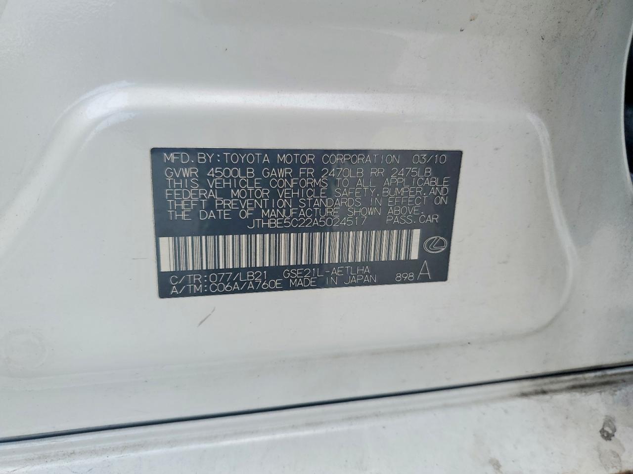 2010 Lexus Is 350 Белый vin: JTHBE5C22A5024517