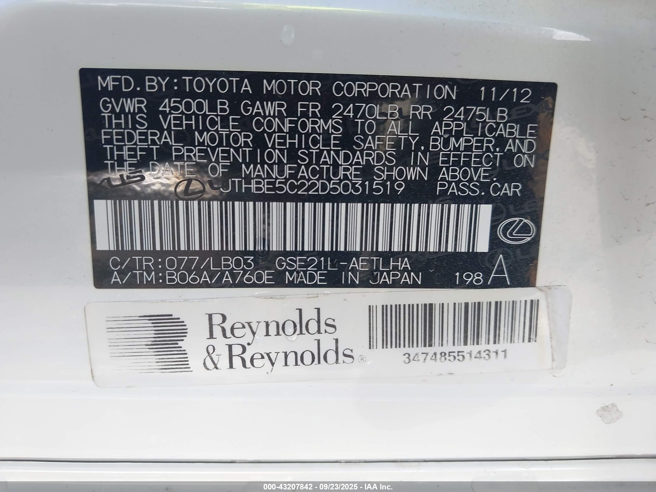 2013 Lexus Is 350   White vin: JTHBE5C22D5031519