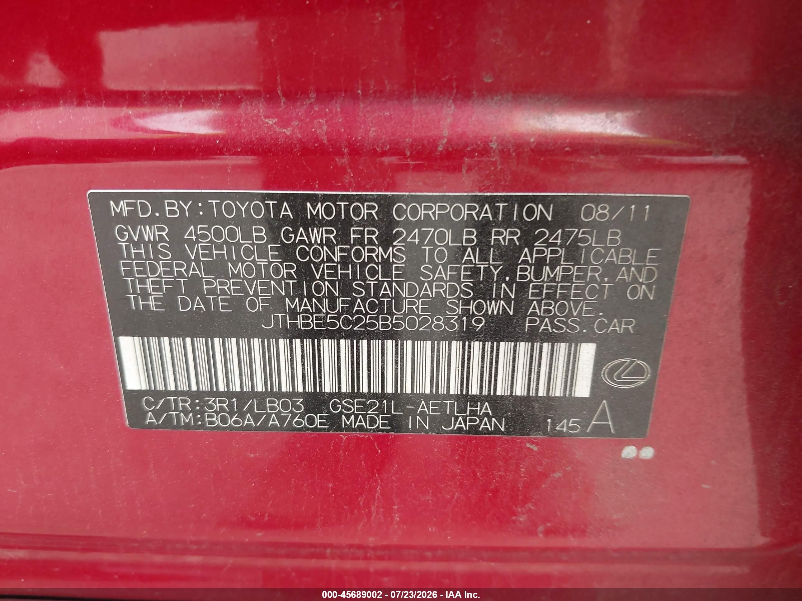 2011 Lexus Is 350   Red vin: JTHBE5C25B5028319