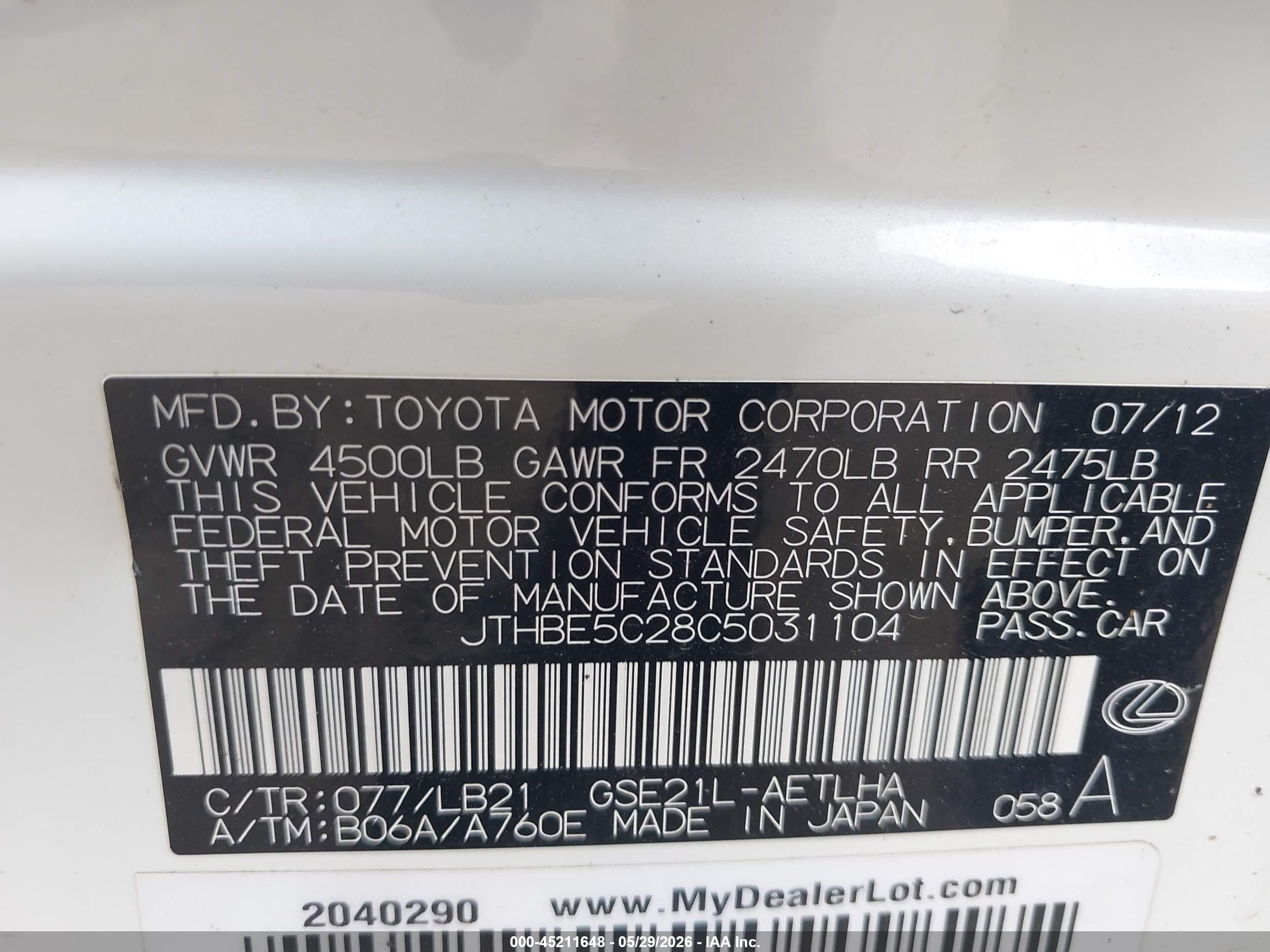 2012 Lexus Is 350   White vin: JTHBE5C28C5031104