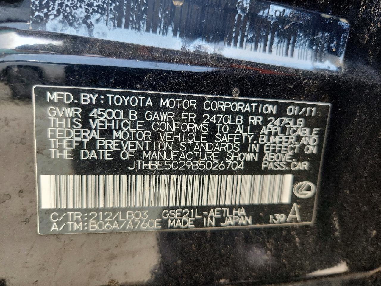 2011 Lexus Is 350 Black vin: JTHBE5C29B5026704