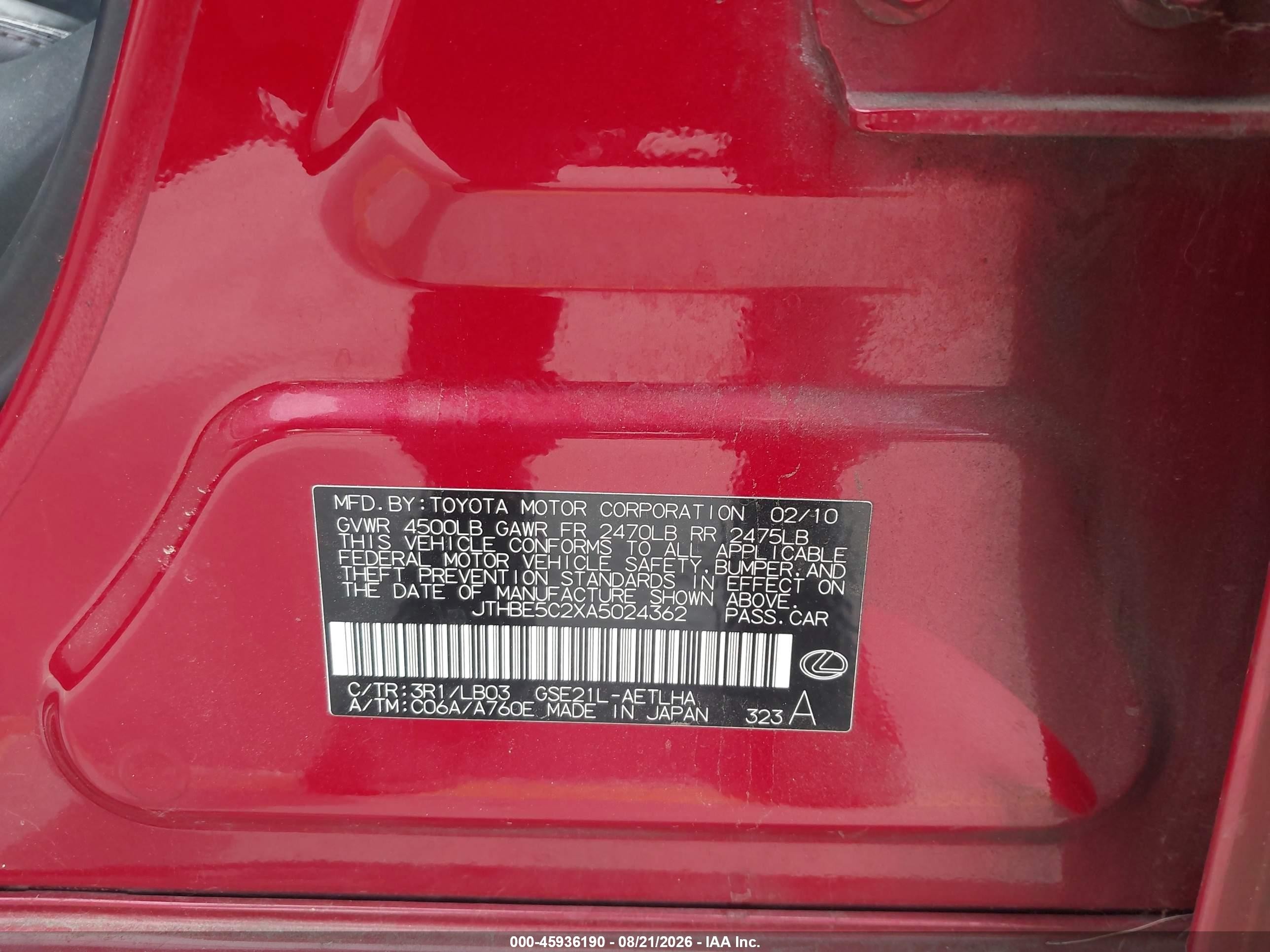 2010 Lexus Is 350 Red vin: JTHBE5C2XA5024362