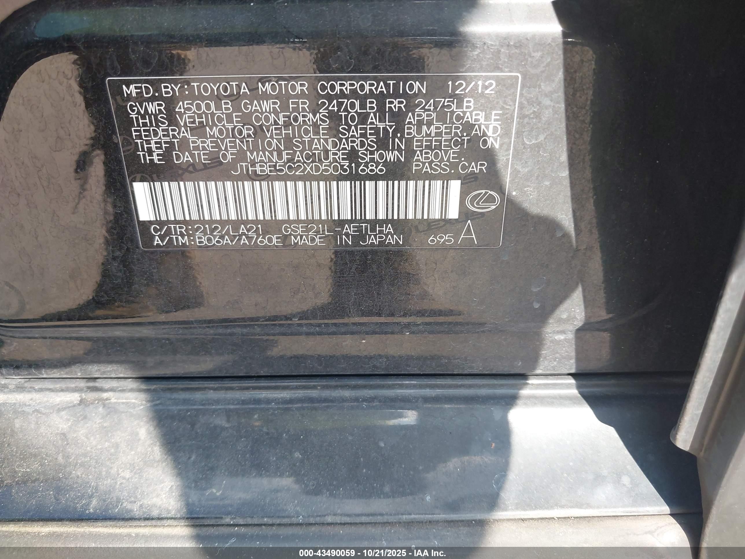 2013 Lexus Is 350   Черный vin: JTHBE5C2XD5031686