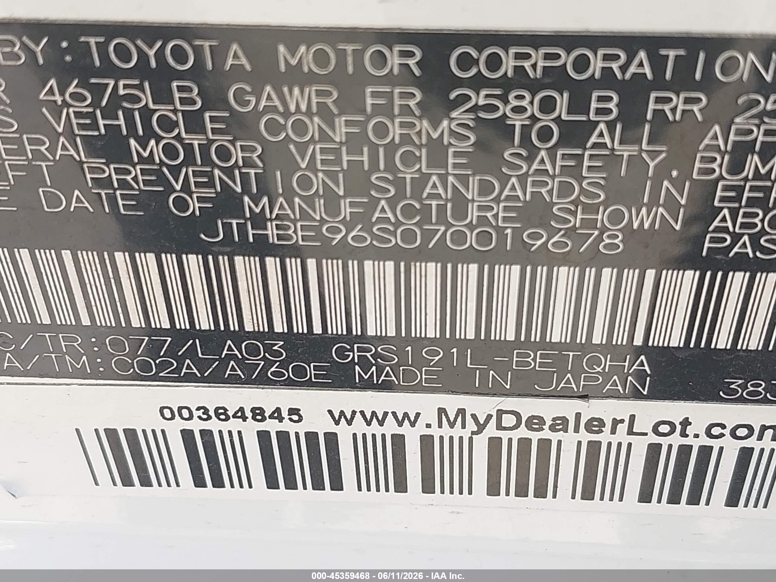 2007 Lexus Gs 350   White vin: JTHBE96S070019678