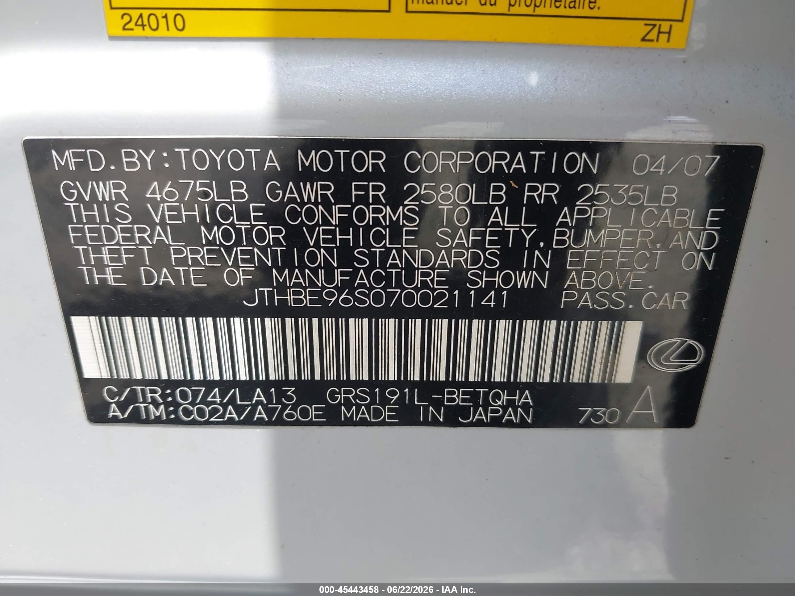 2007 Lexus Gs 350   White vin: JTHBE96S070021141
