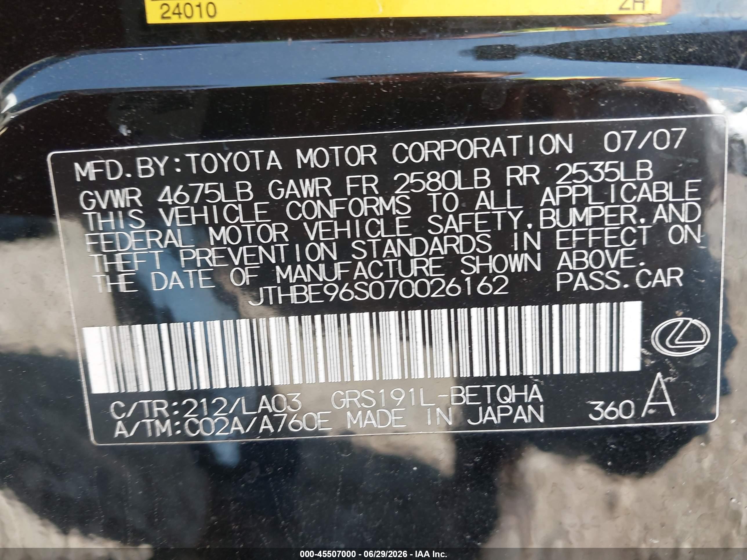 2007 Lexus Gs 350   Черный vin: JTHBE96S070026162