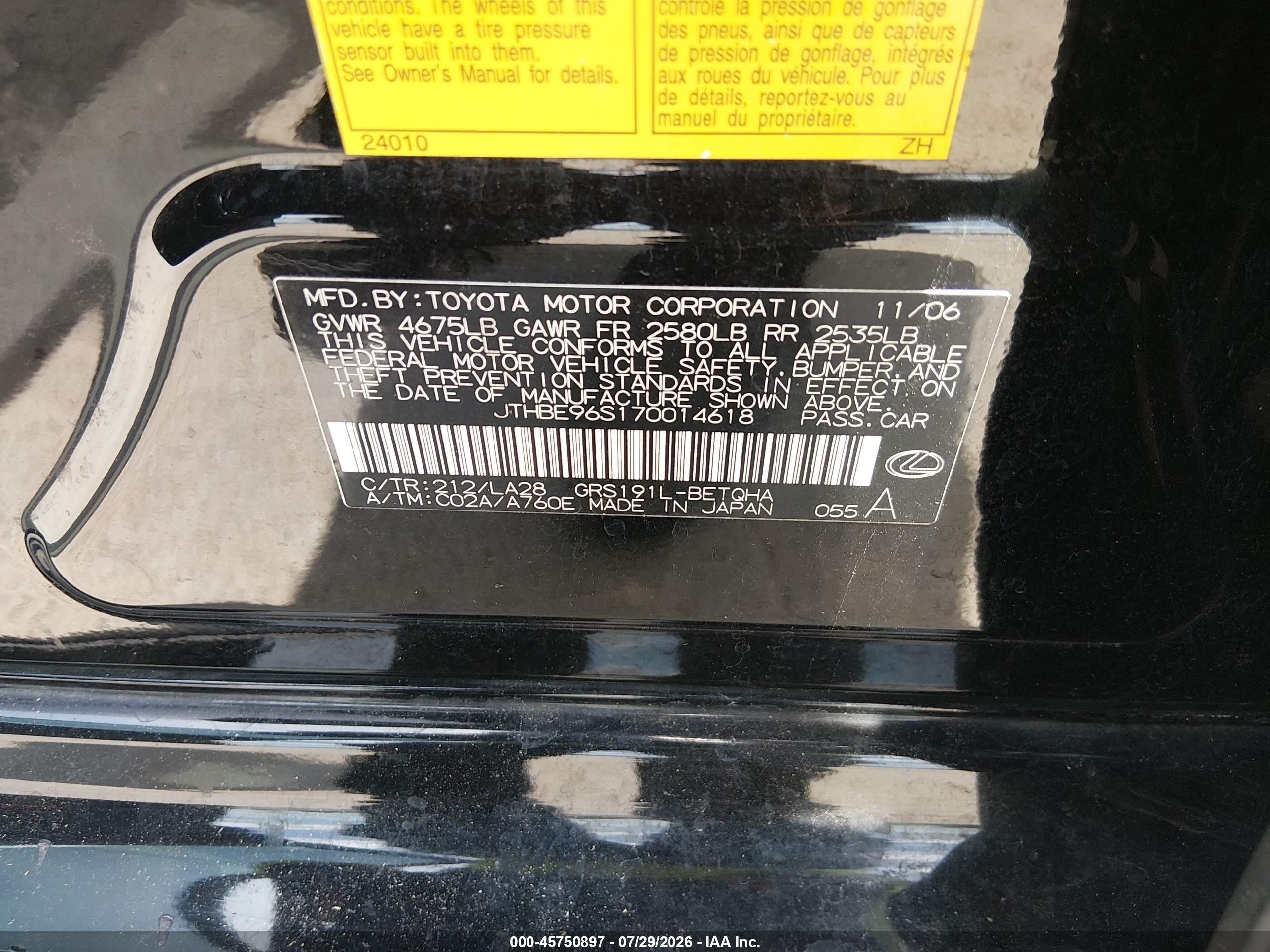 2007 Lexus Gs 350 Black vin: JTHBE96S170014618