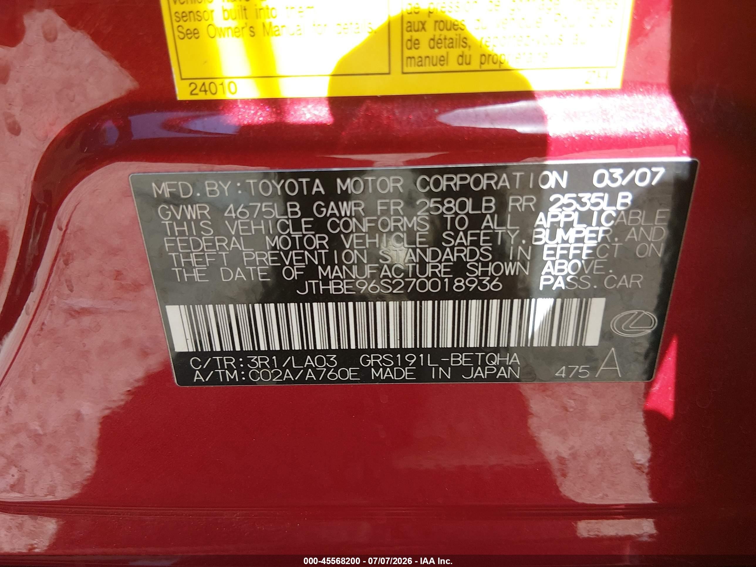 2007 Lexus Gs 350   Red vin: JTHBE96S270018936