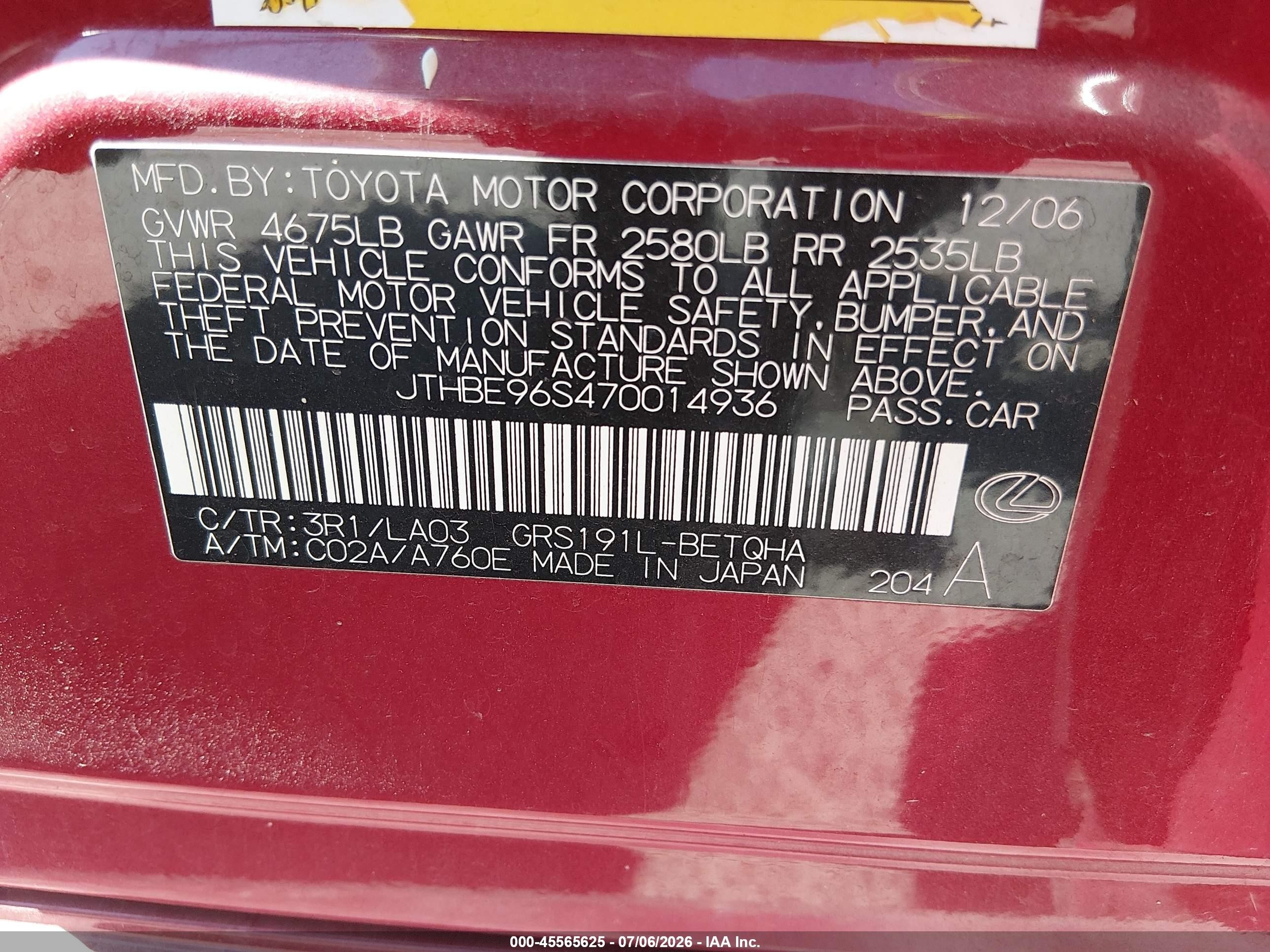 2007 Lexus Gs 350   Red vin: JTHBE96S470014936