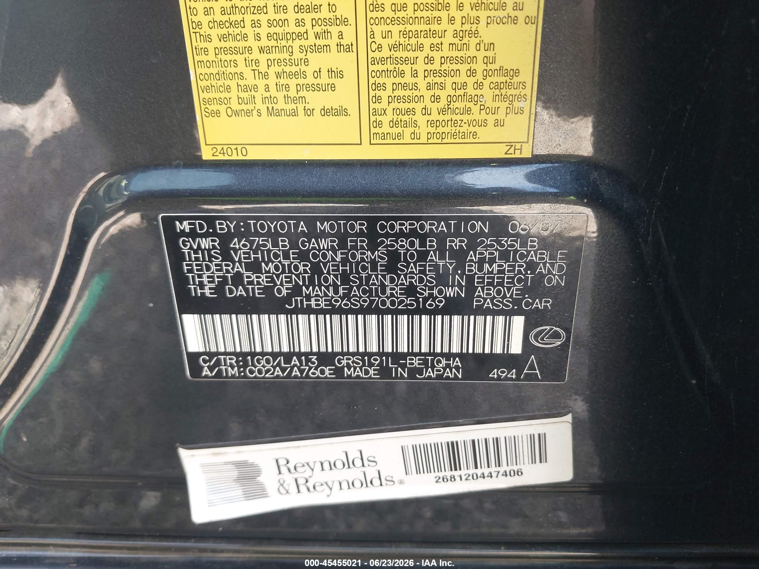 2007 Lexus Gs 350   Black vin: JTHBE96S970025169