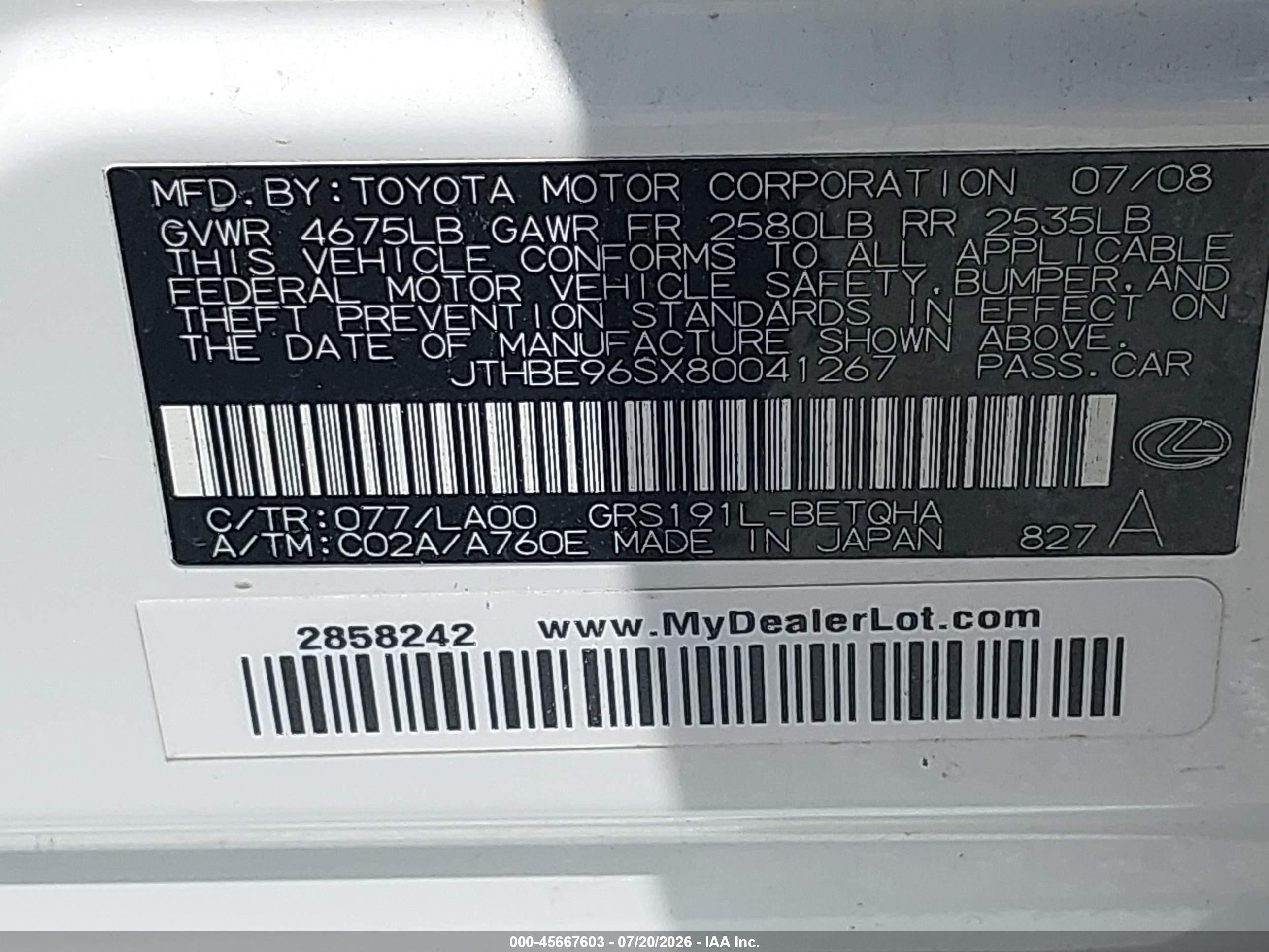 2008 Lexus Gs 350   White vin: JTHBE96SX80041267