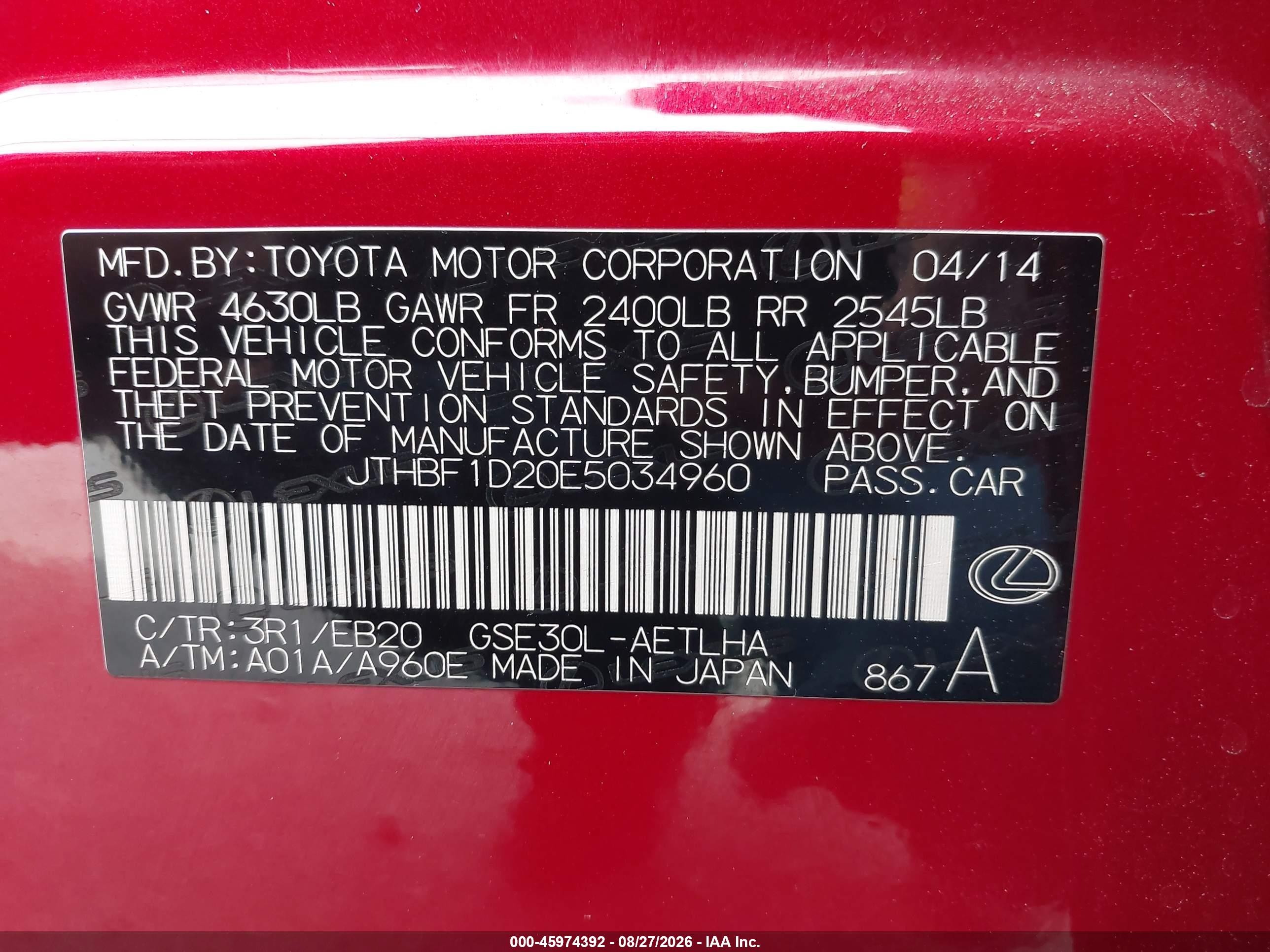2014 Lexus Is 250   Red vin: JTHBF1D20E5034960