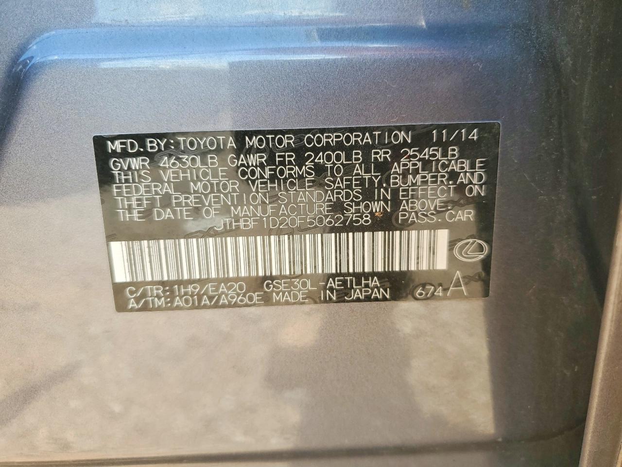 2015 Lexus Is 250 Charcoal vin: JTHBF1D20F5062758