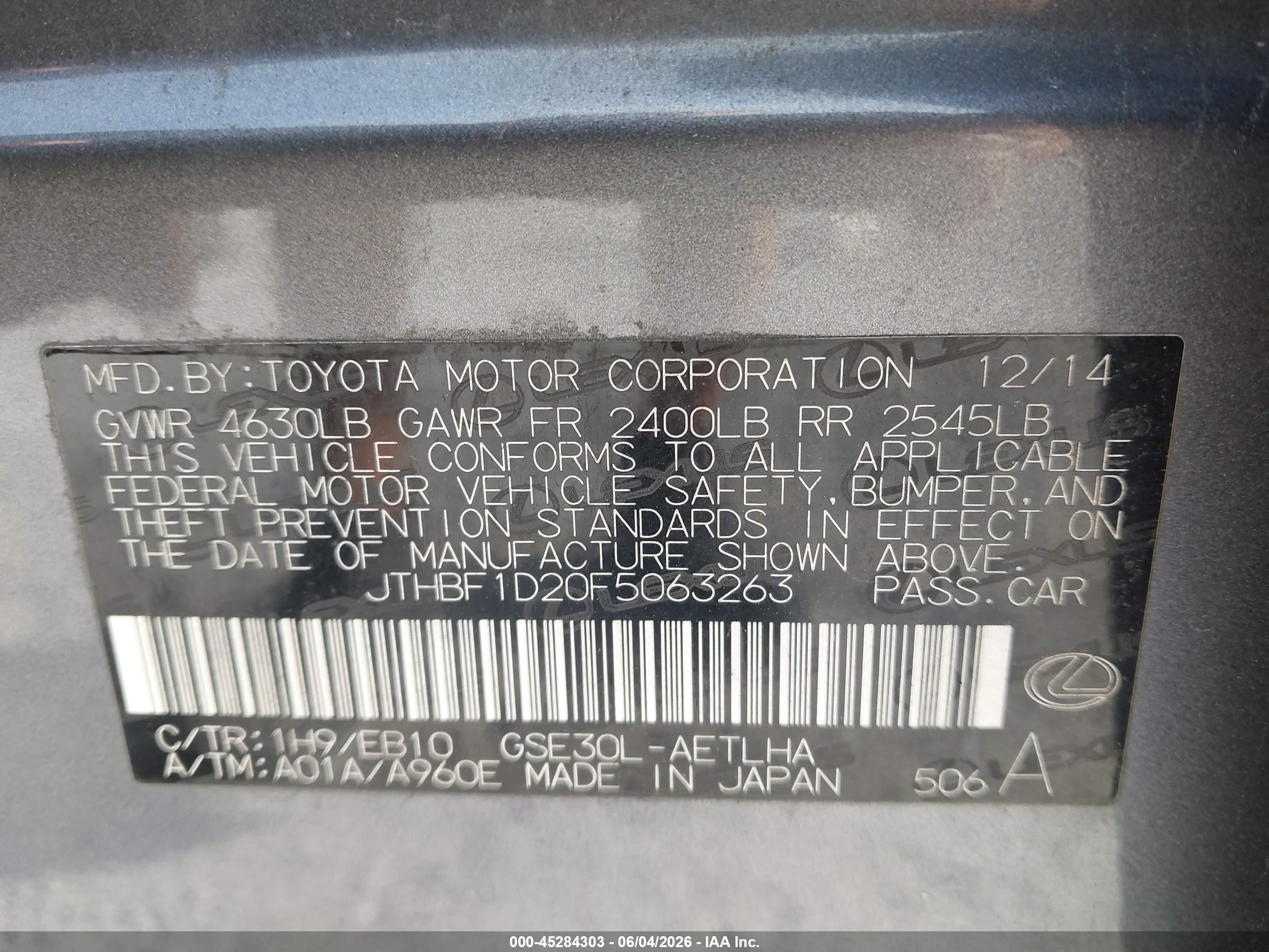 2015 Lexus Is 250   Gray vin: JTHBF1D20F5063263