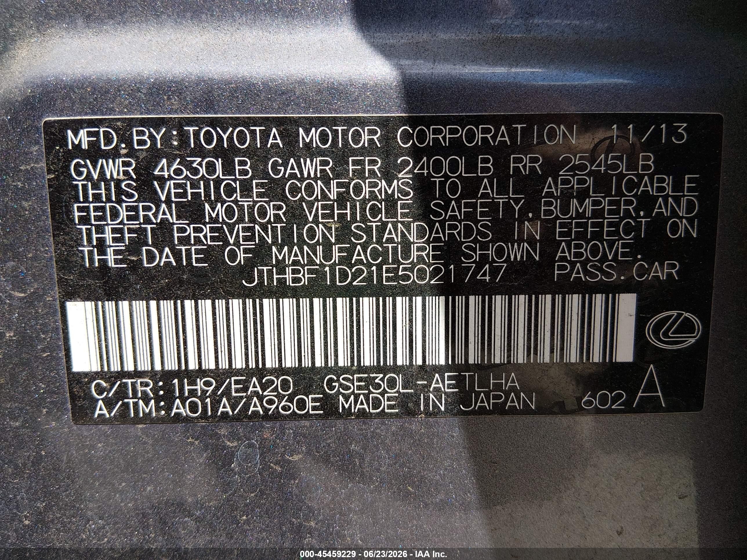 2014 Lexus Is 250   Gray vin: JTHBF1D21E5021747
