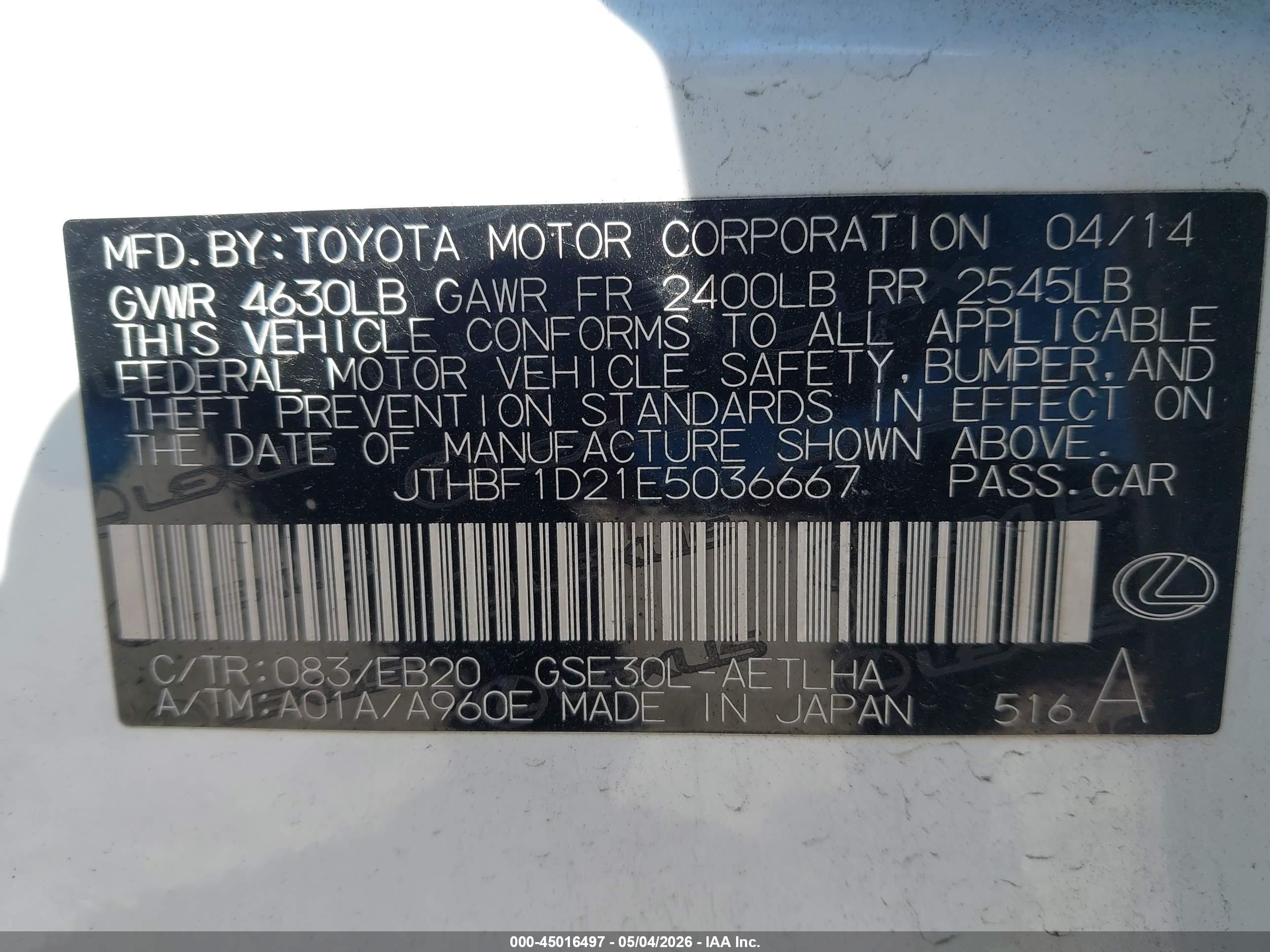 2014 Lexus Is 250   White vin: JTHBF1D21E5036667
