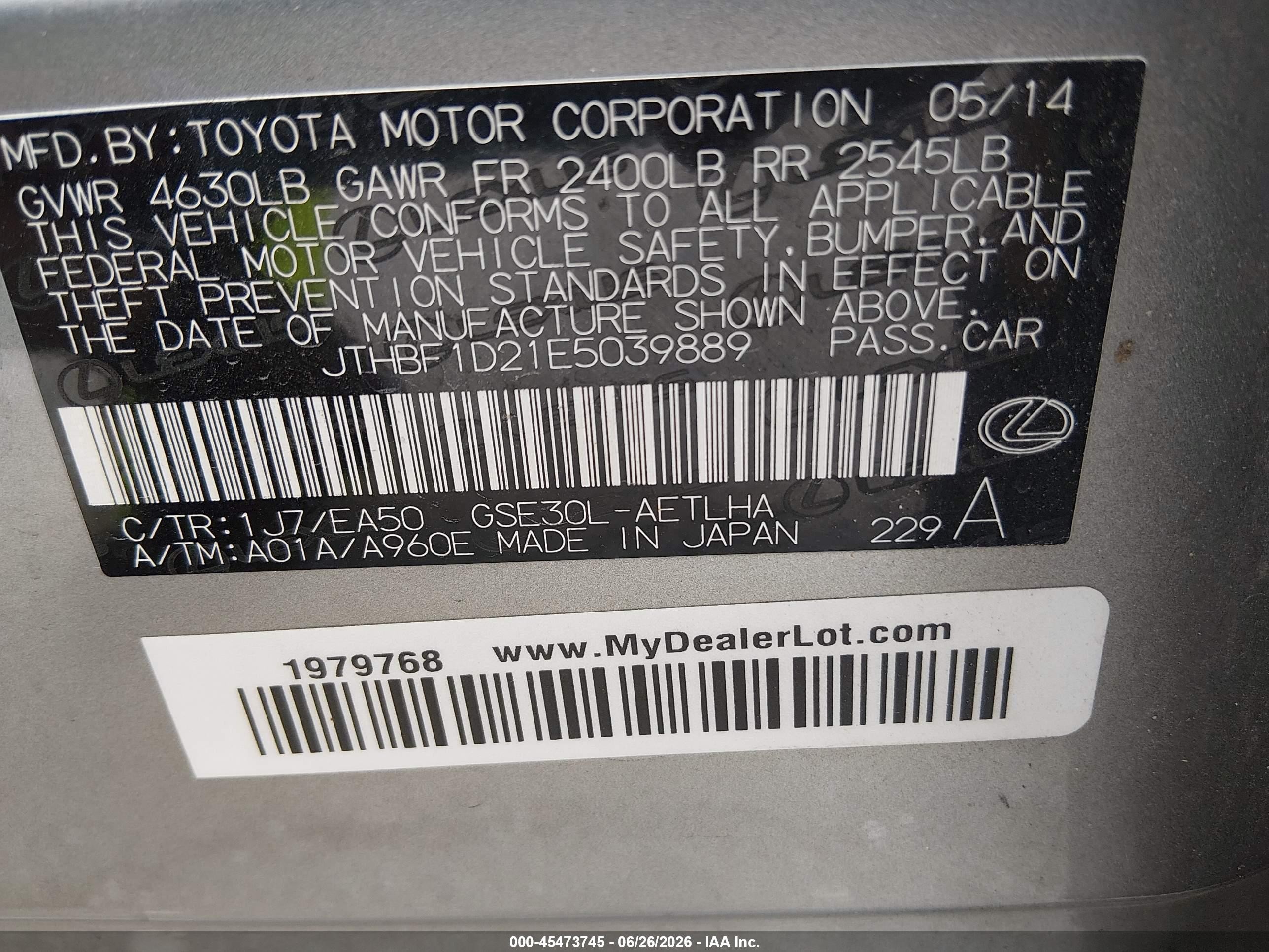 2014 Lexus Is 250   Silver vin: JTHBF1D21E5039889