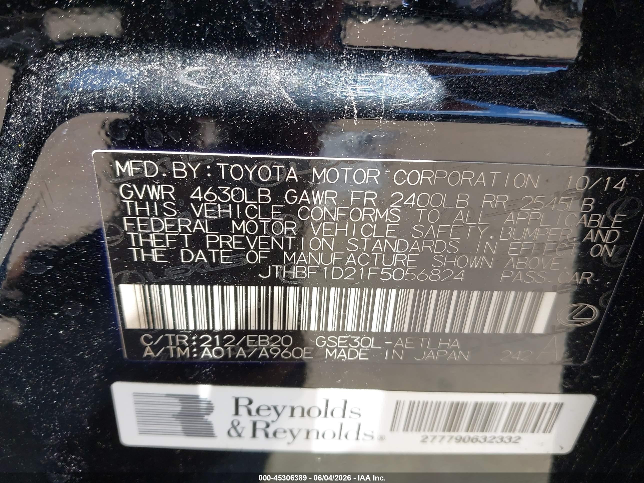 2015 Lexus Is 250   Черный vin: JTHBF1D21F5056824