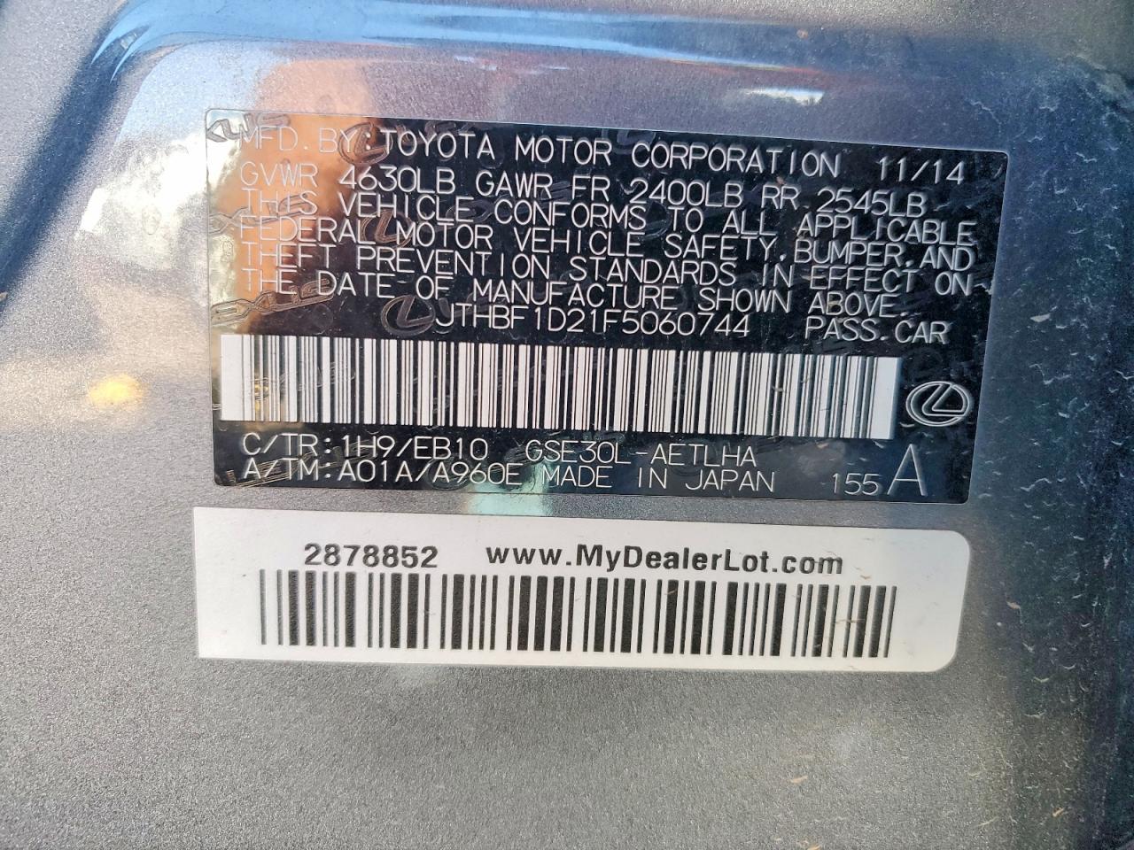 2015 Lexus Is 250 Gray vin: JTHBF1D21F5060744
