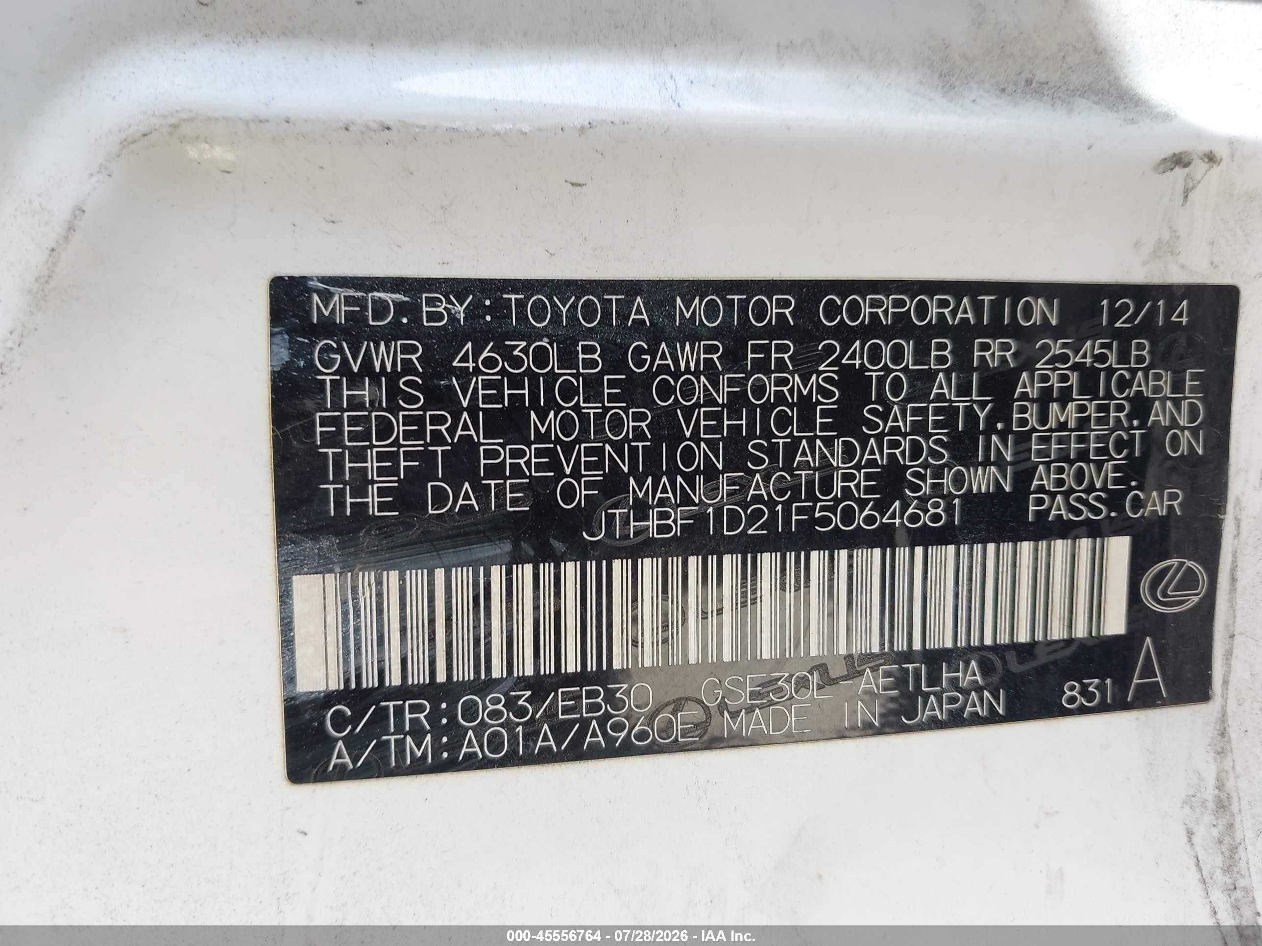 2015 Lexus Is 250   White vin: JTHBF1D21F5064681