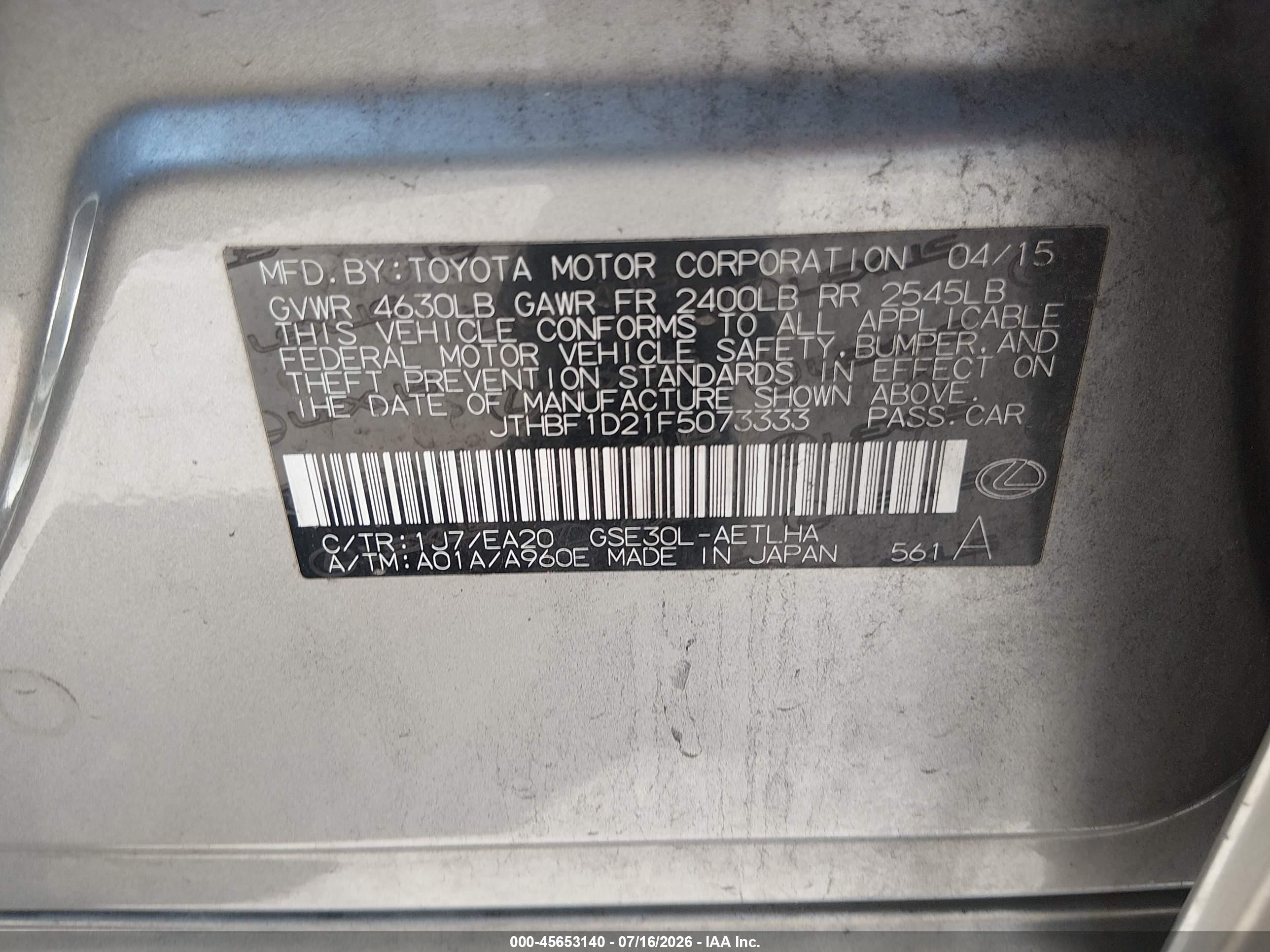 2015 Lexus Is 250   Silver vin: JTHBF1D21F5073333