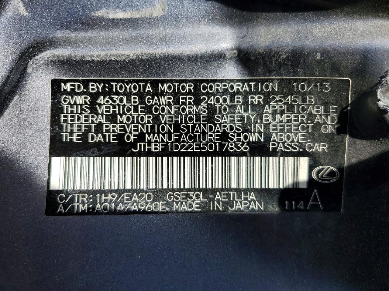 2014 Lexus Is 250 Base Gray vin: JTHBF1D22E5017836