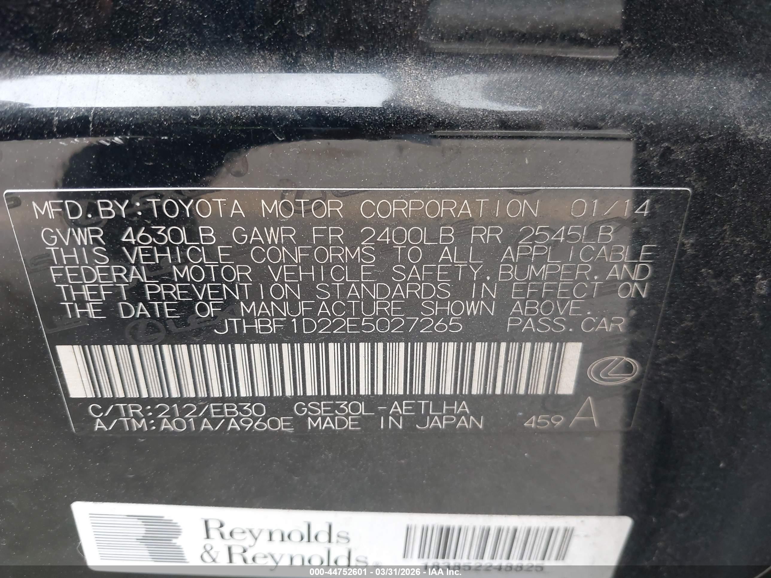 2014 Lexus Is 250   Black vin: JTHBF1D22E5027265