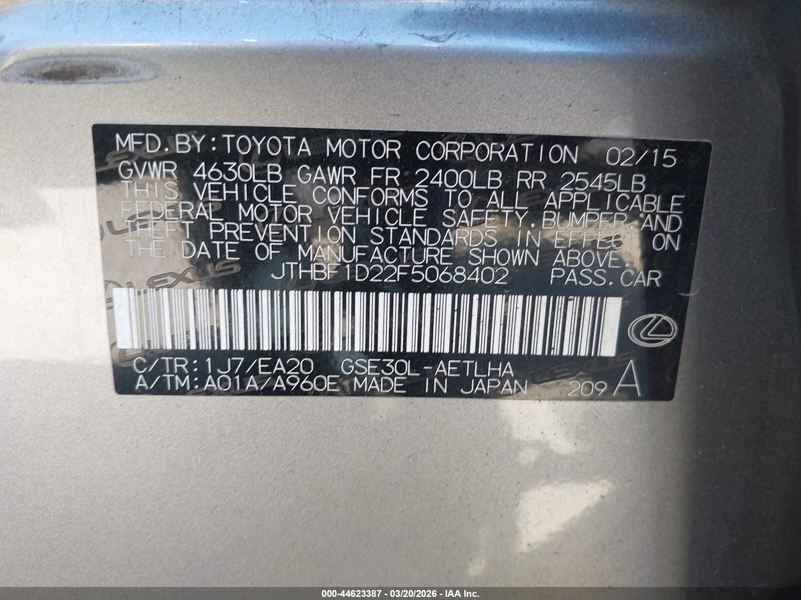 2015 Lexus Is 250   Gray vin: JTHBF1D22F5068402