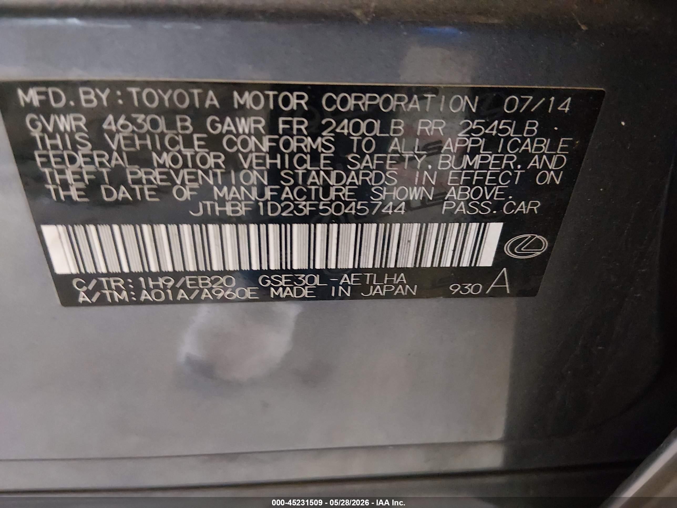 2015 Lexus Is 250 Gray vin: JTHBF1D23F5045744