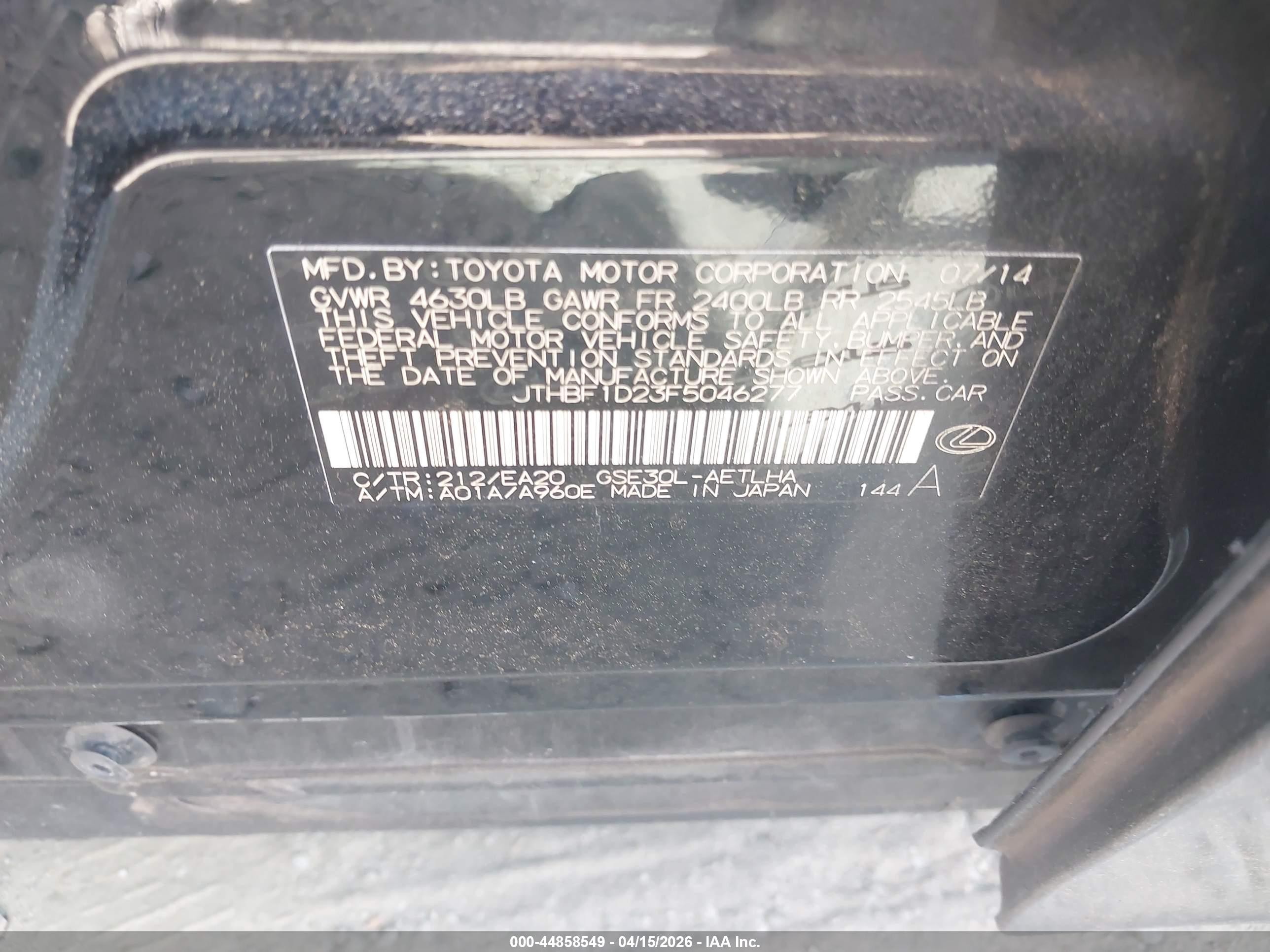 2015 Lexus Is 250   Black vin: JTHBF1D23F5046277