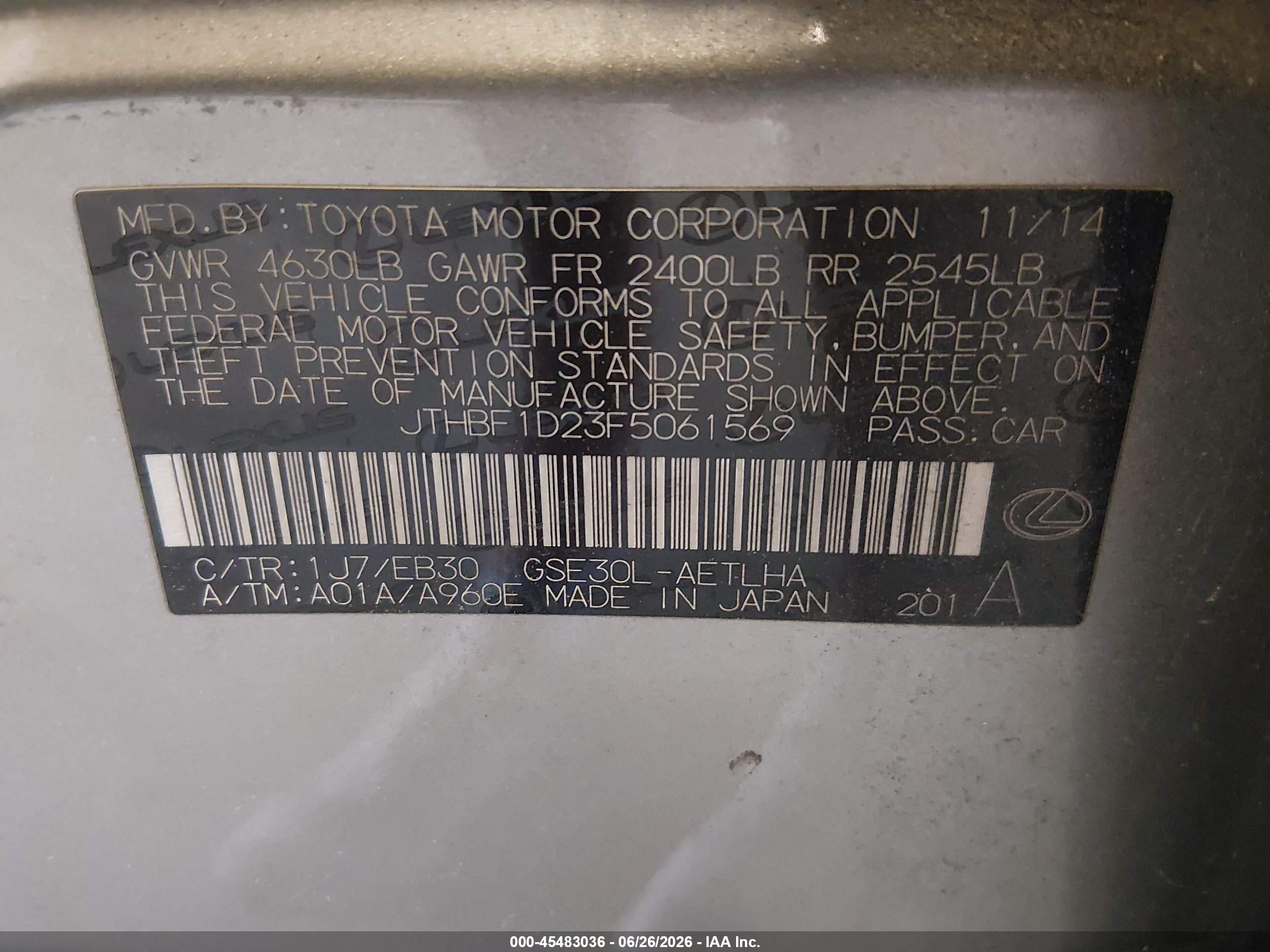 2015 Lexus Is 250   Silver vin: JTHBF1D23F5061569