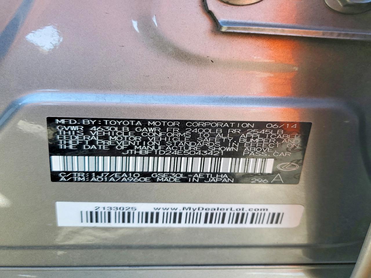 2014 Lexus Is 250 Silver vin: JTHBF1D24E5043421