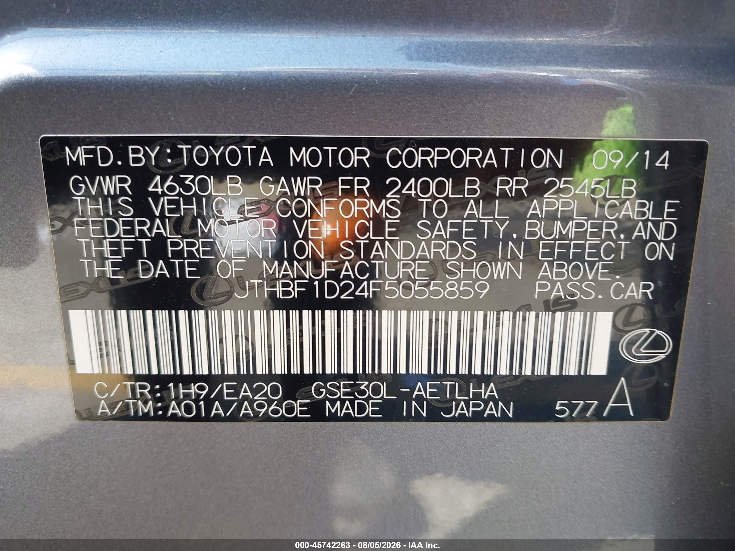 2015 Lexus Is 250 Gray vin: JTHBF1D24F5055859