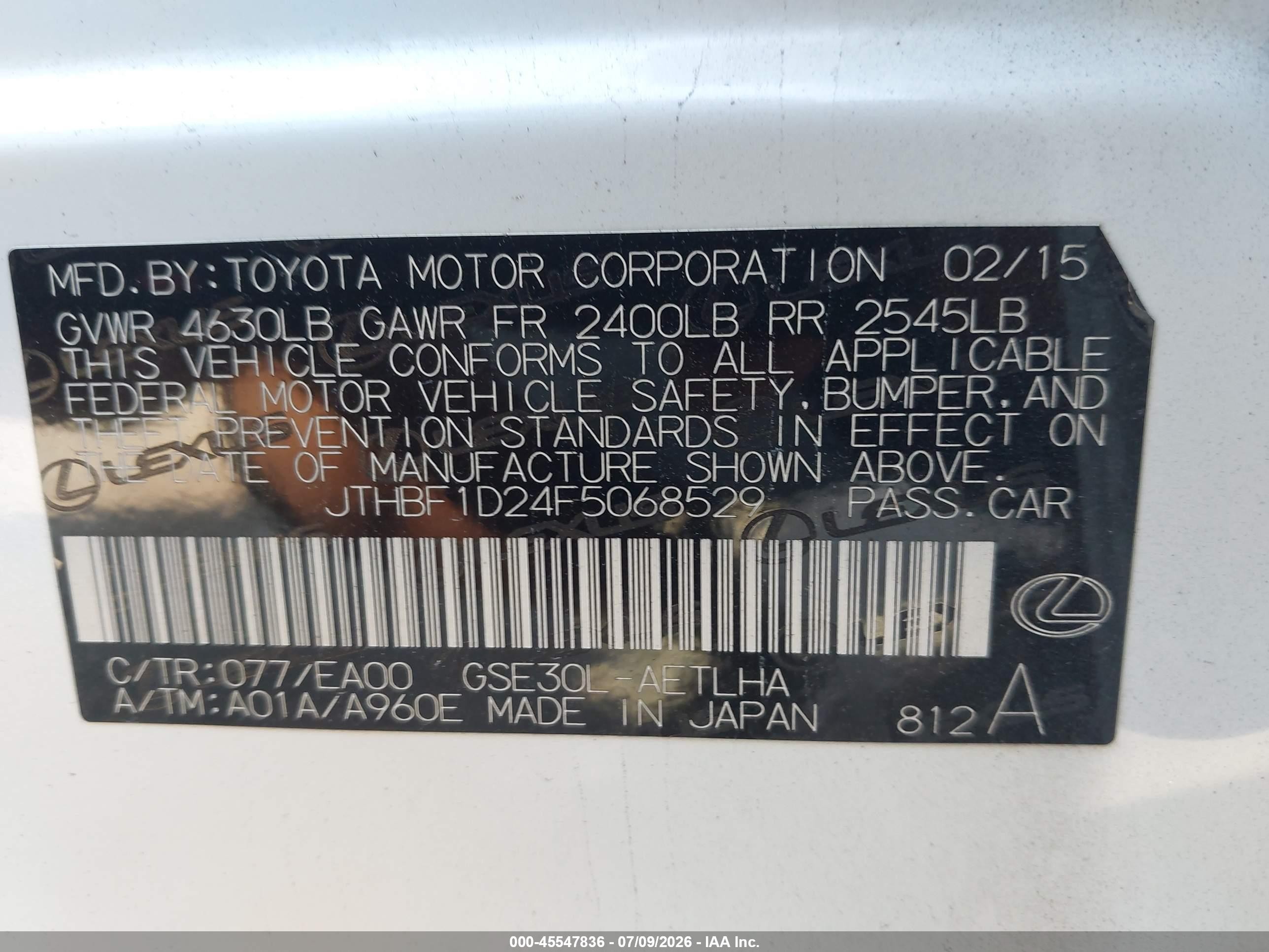 2015 Lexus Is 250   White vin: JTHBF1D24F5068529