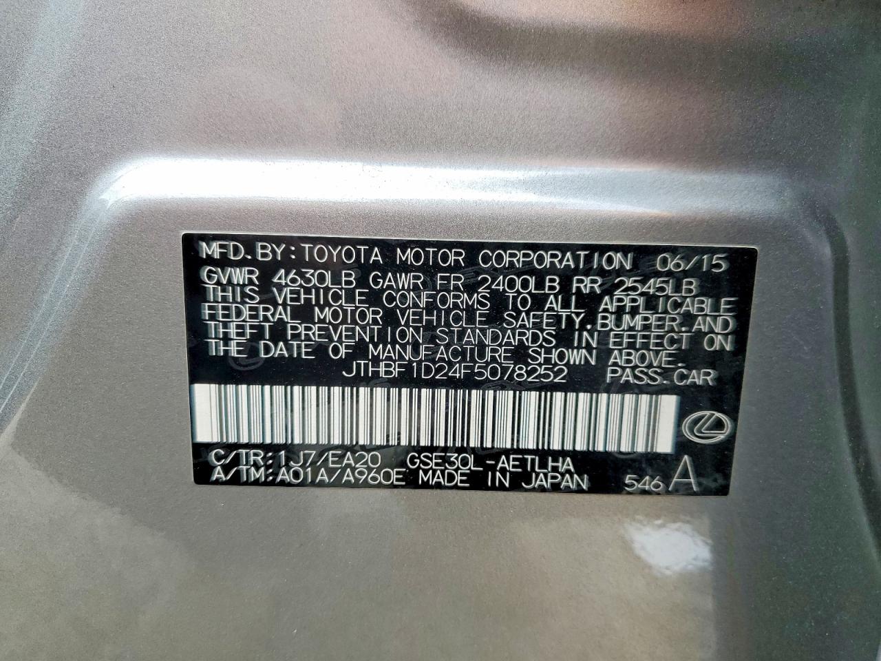 2015 Lexus Is 250 Silver vin: JTHBF1D24F5078252