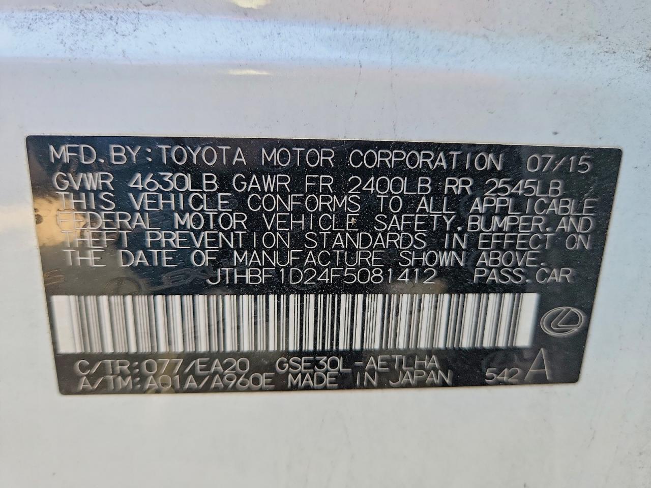 2015 Lexus Is 250 White vin: JTHBF1D24F5081412