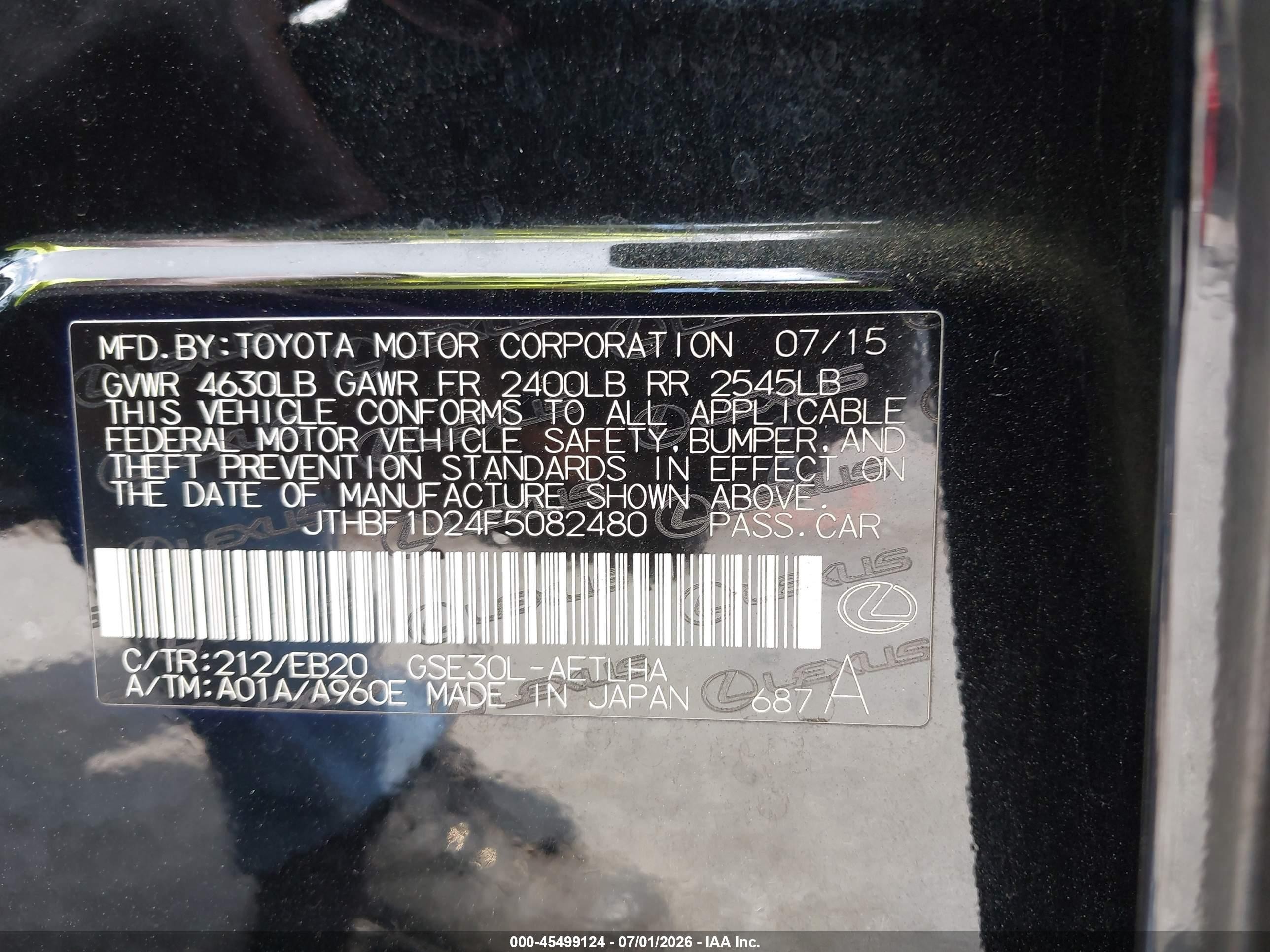 2015 Lexus Is 250   Black vin: JTHBF1D24F5082480