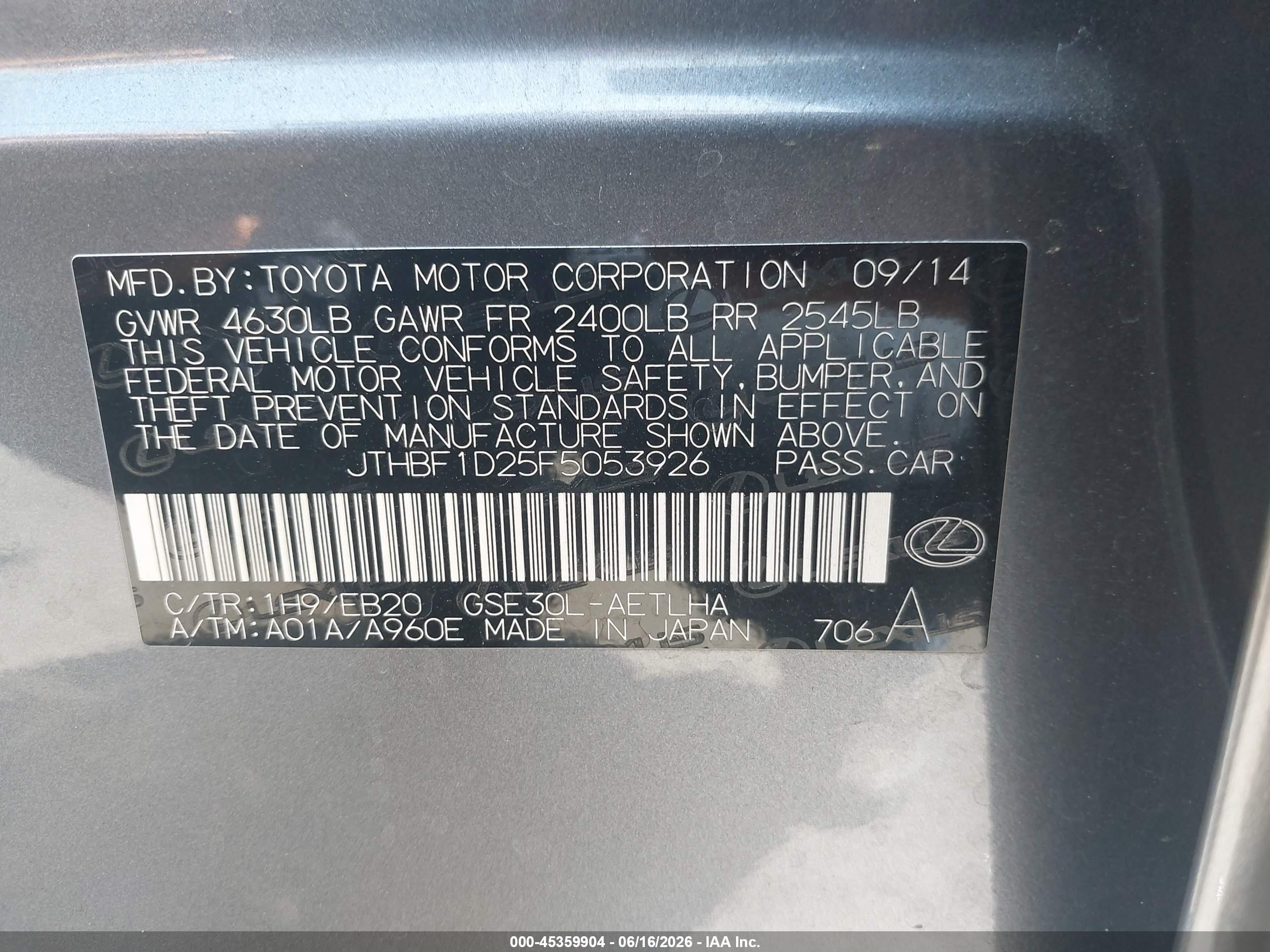2015 Lexus Is 250   Silver vin: JTHBF1D25F5053926