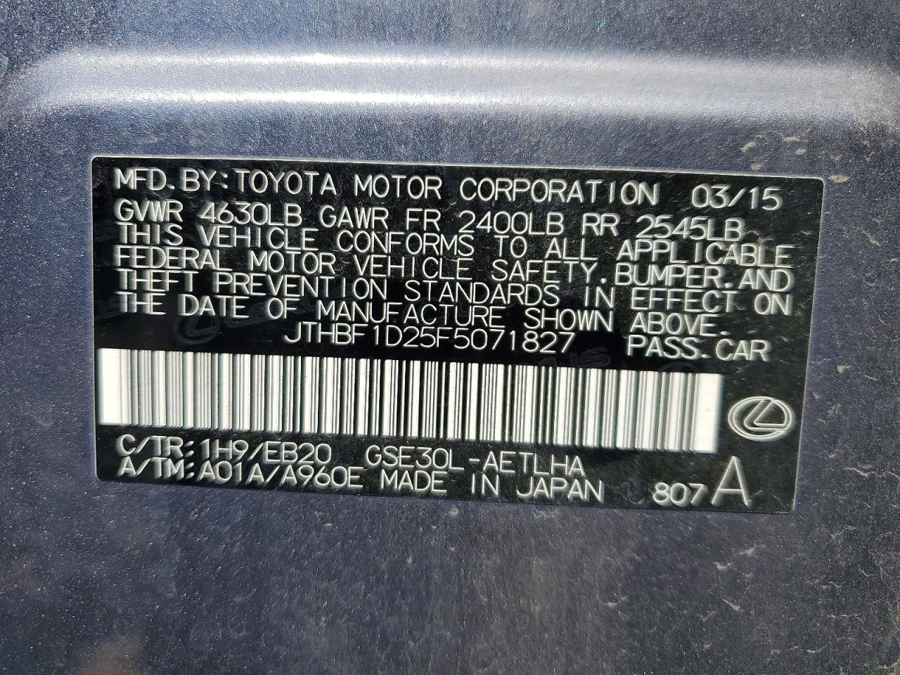 2015 Lexus Is 250 Gray vin: JTHBF1D25F5071827