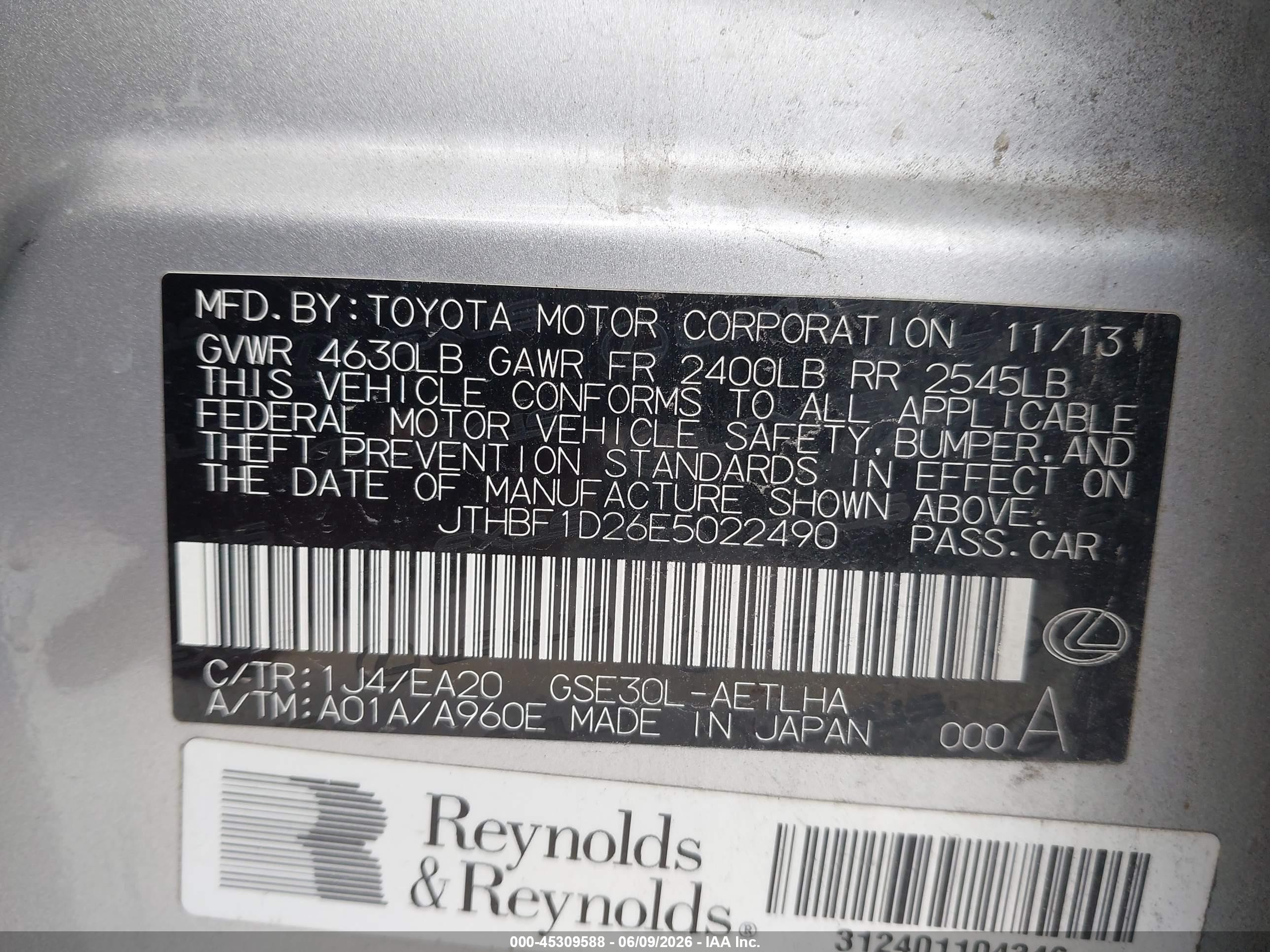 2014 Lexus Is 250   Silver vin: JTHBF1D26E5022490
