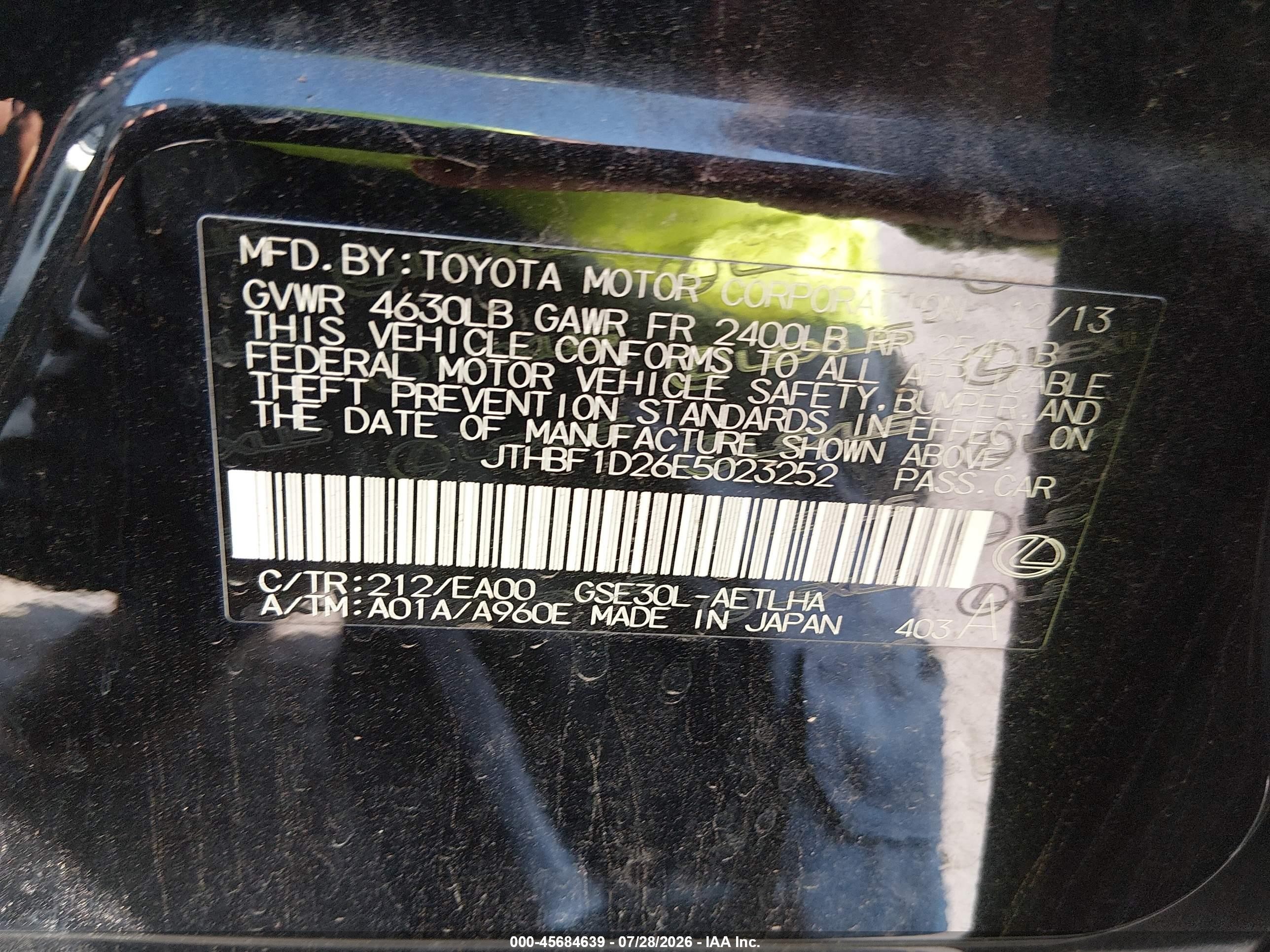 2014 Lexus Is 250   Black vin: JTHBF1D26E5023252
