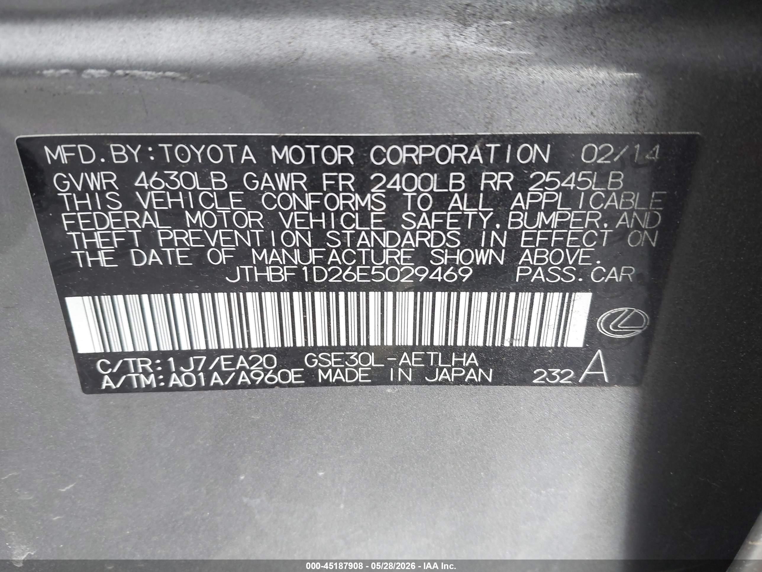 2014 Lexus Is 250 Champagne vin: JTHBF1D26E5029469
